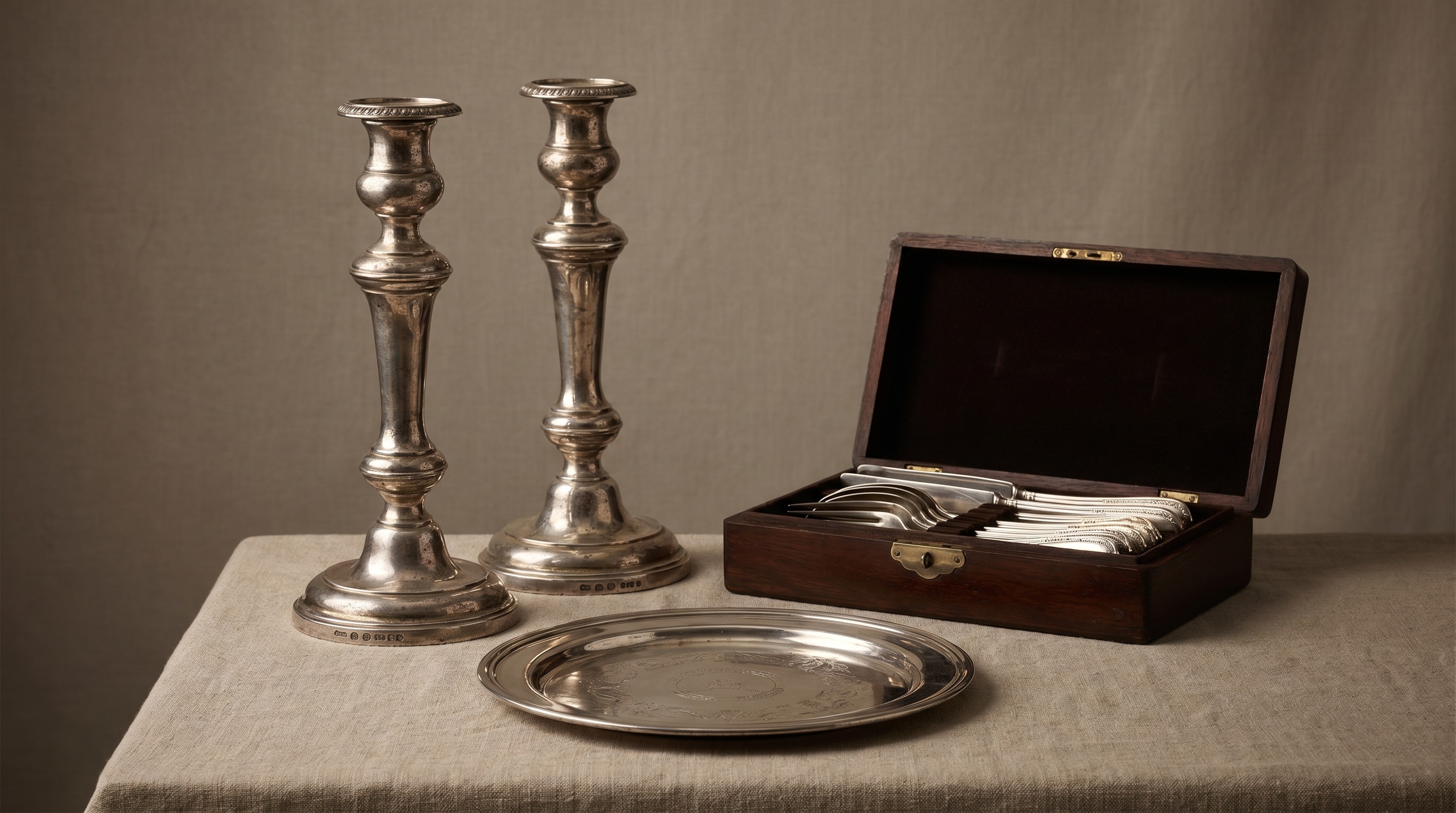 Antique Sheffield-assayed sterling silver candlesticks and canteen of cutlery — Sheffield Assay Office guide by Mozeris Fine Antiques