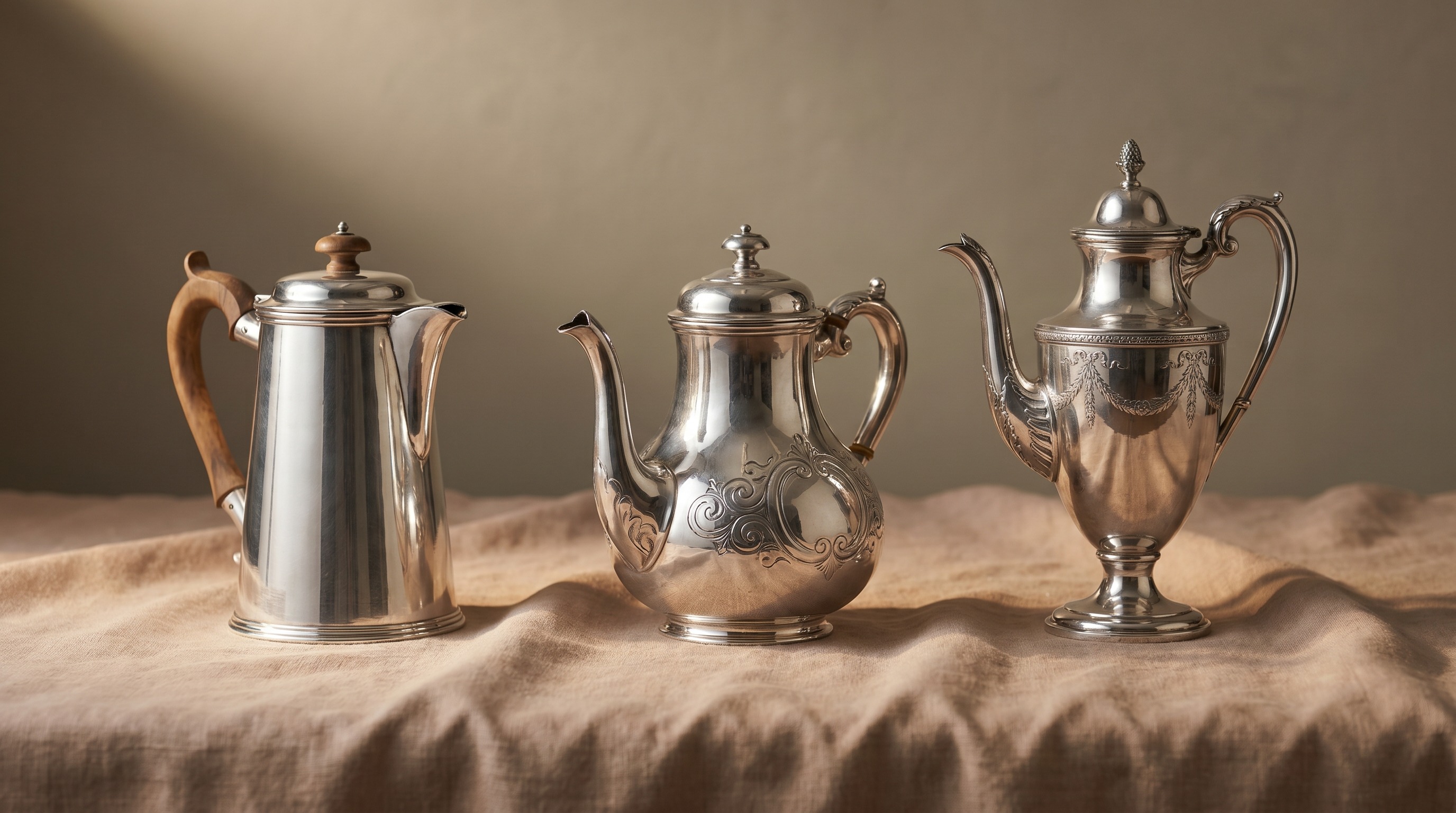 Three antique English sterling silver coffee pots — Queen Anne, mid-Georgian and neoclassical forms — Mozeris Fine Antiques guide