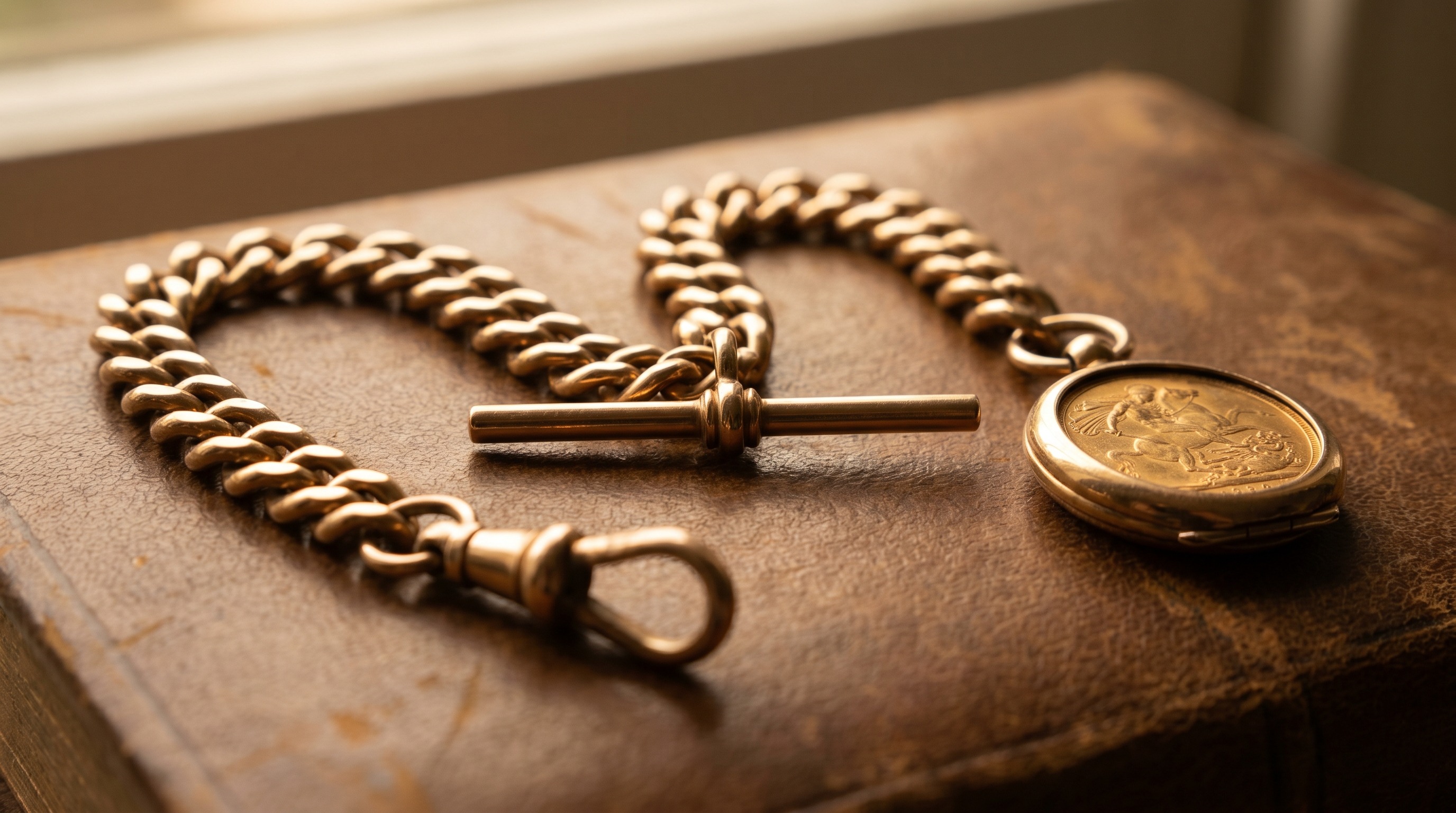 Double Albert gold chain with central T-bar, watch on one side and sovereign holder on the other