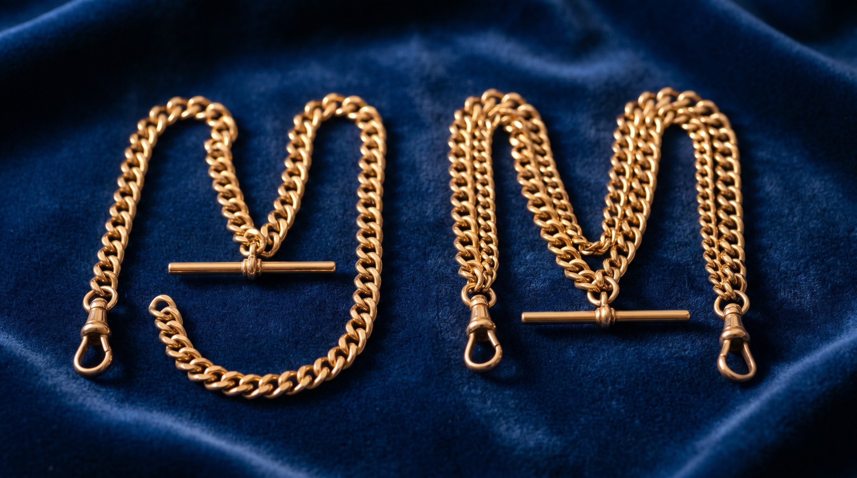 Single Albert gold chain beside a double Albert gold chain — Mozeris Fine Antiques