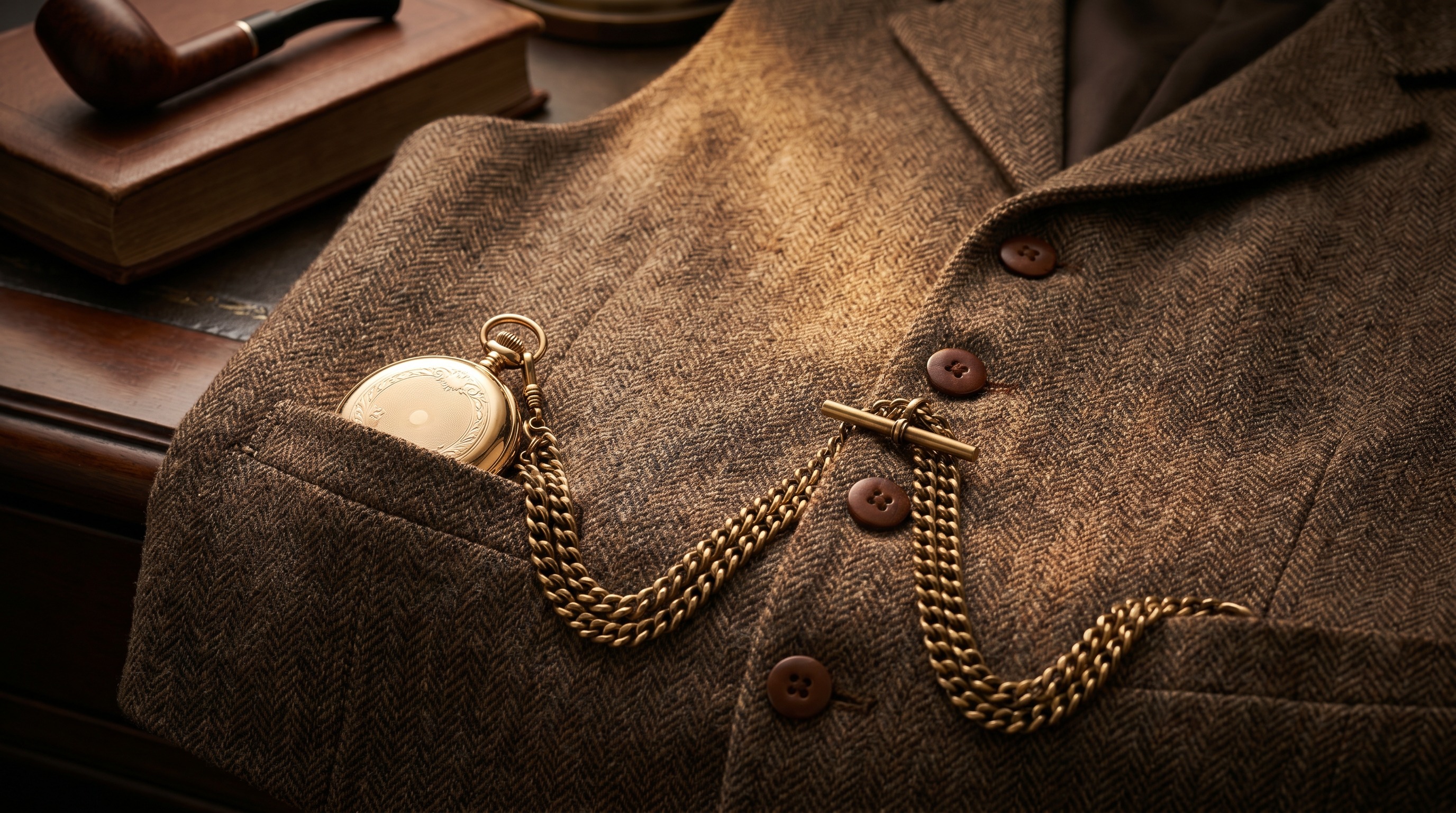 Double Albert gold chain worn across a tweed waistcoat