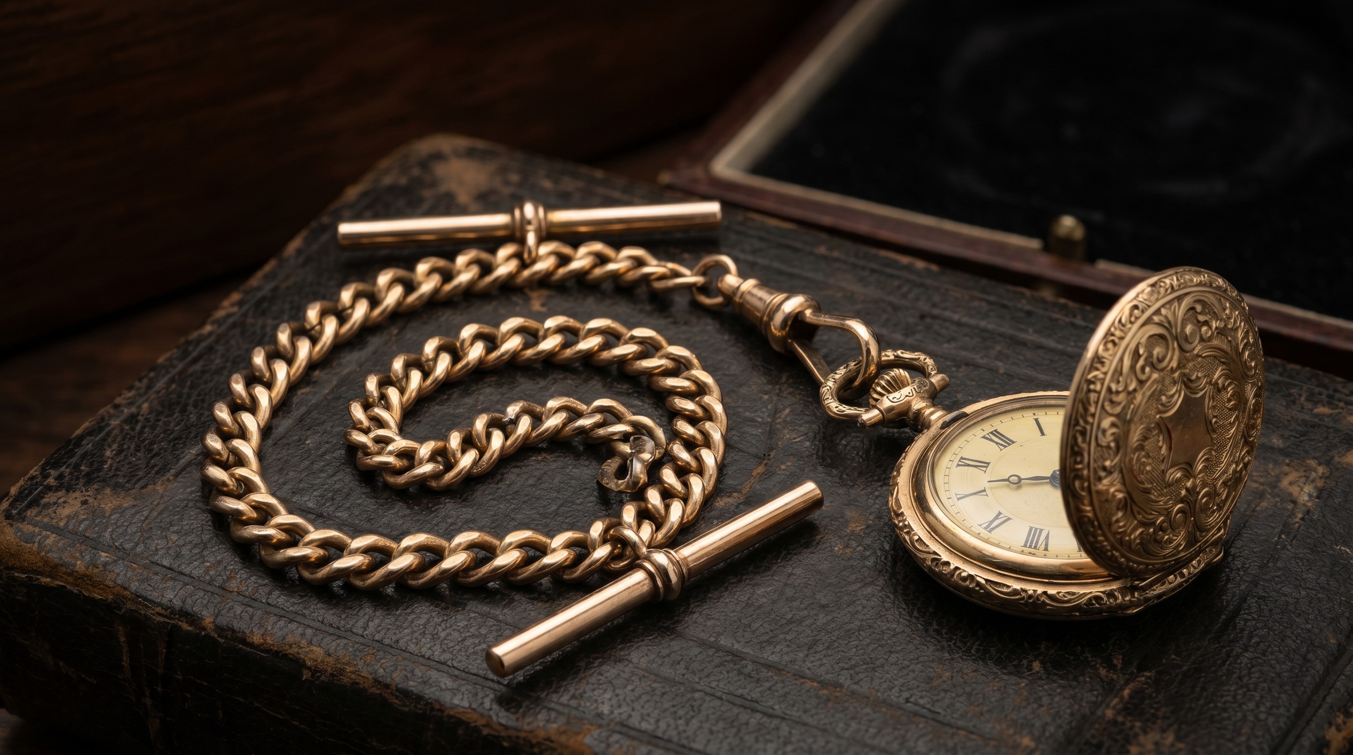 Single Albert gold chain with T-bar and swivel clip holding a small pocket watch