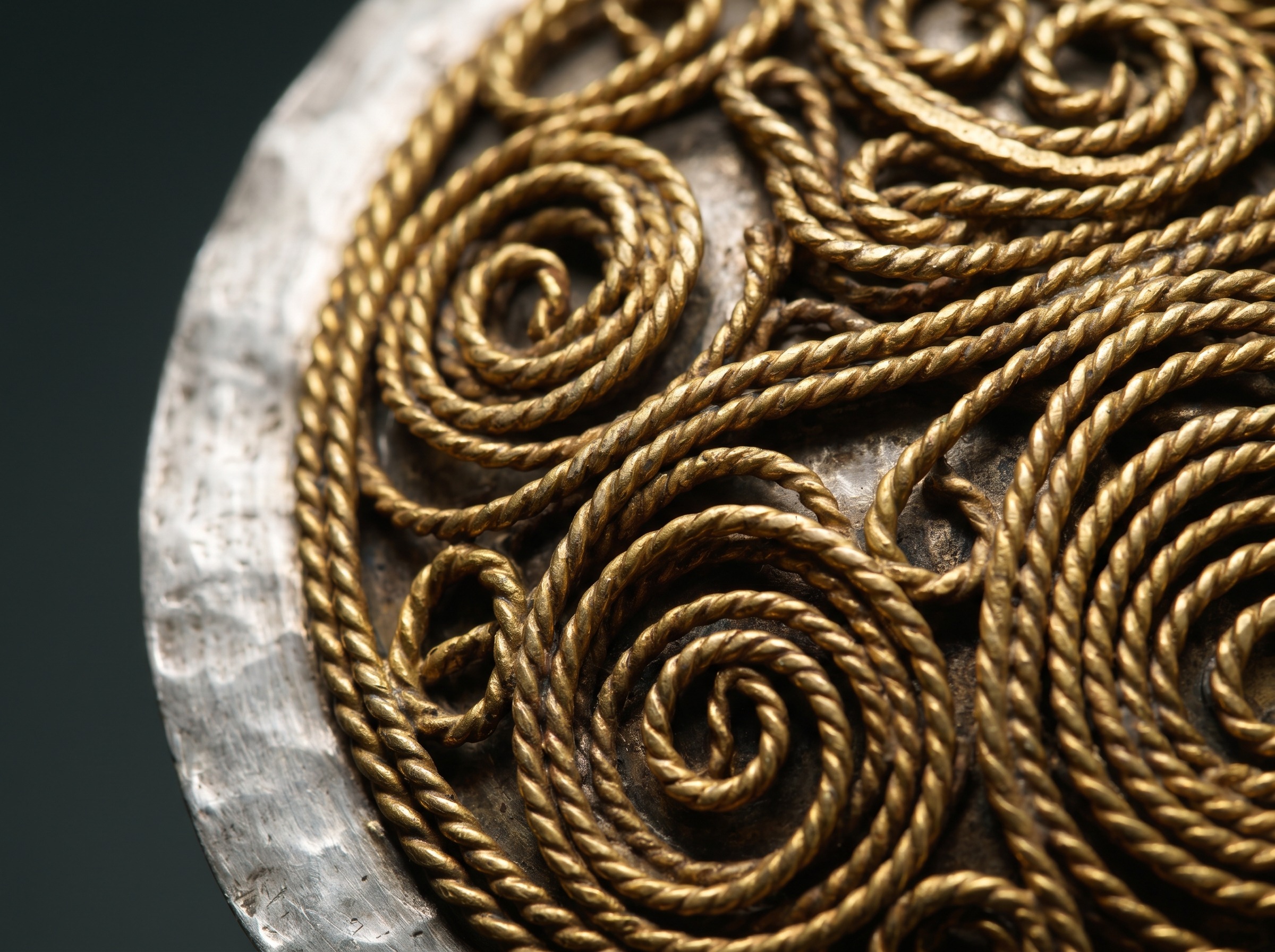 Abstract gilt filigree wirework over textured sterling silver in the Stuart Devlin style — macro