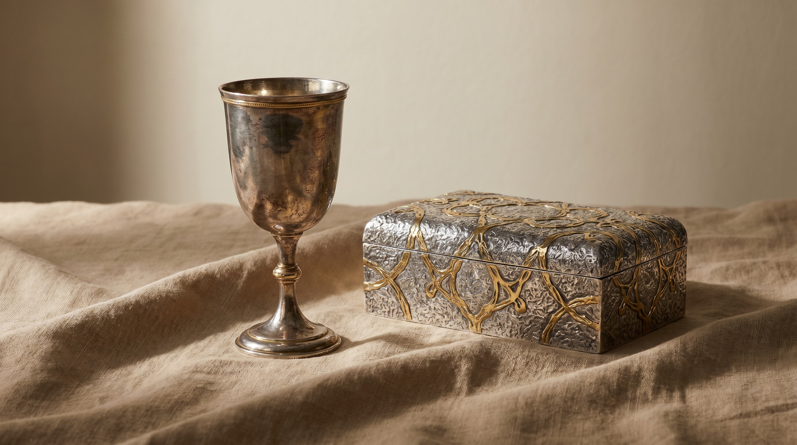 Modern parcel-gilt sterling silver goblet with abstract gilt filigree in the style of Stuart Devlin — Mozeris Fine Antiques guide