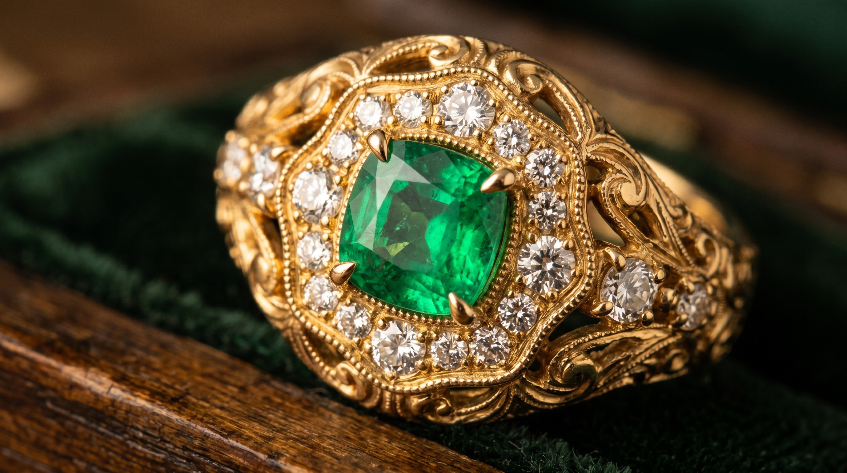 Close-up of a Theo Fennell ornate gold setting with emerald and diamonds