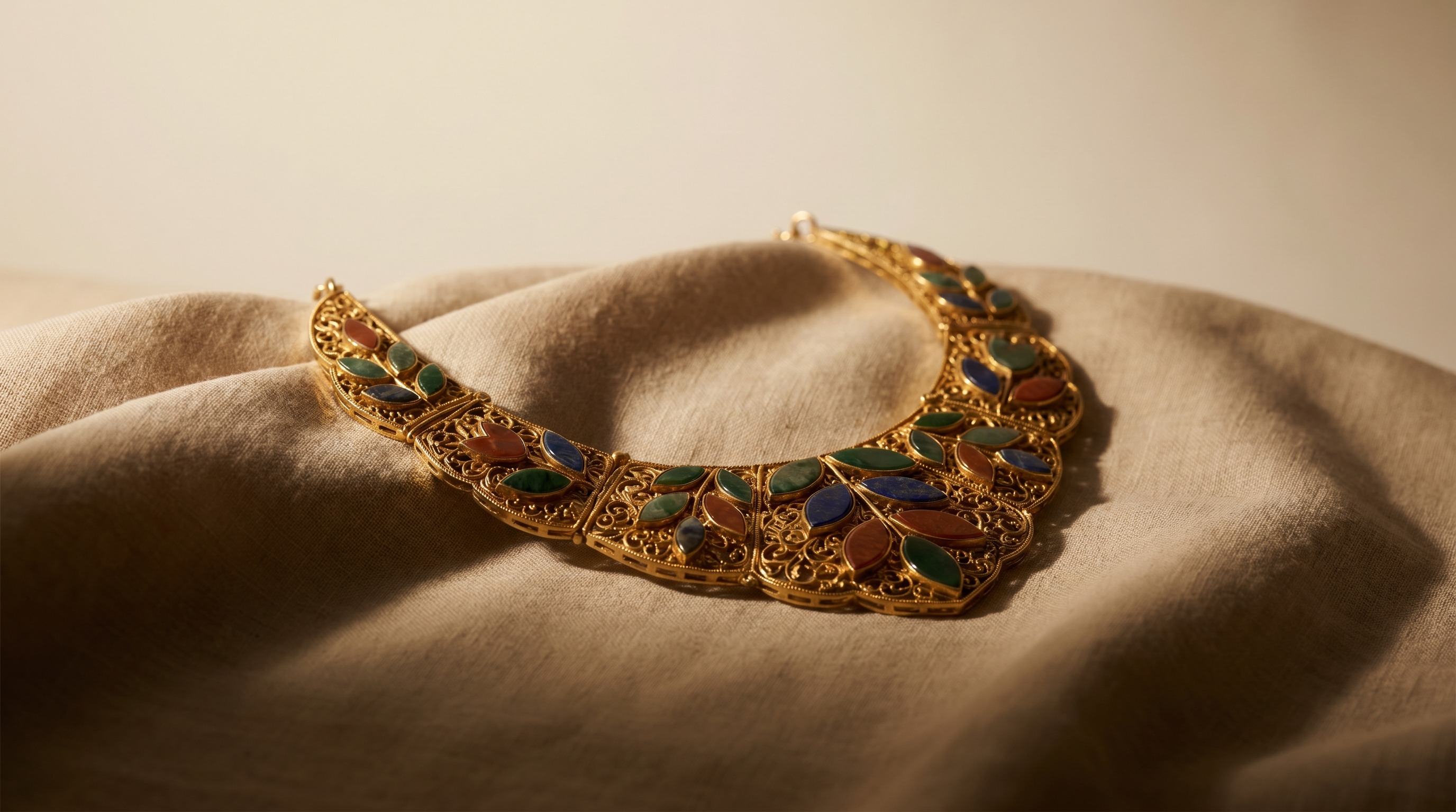 Tiffany Angela Cummings necklace — gold with inlaid coloured hardstone leaf motifs