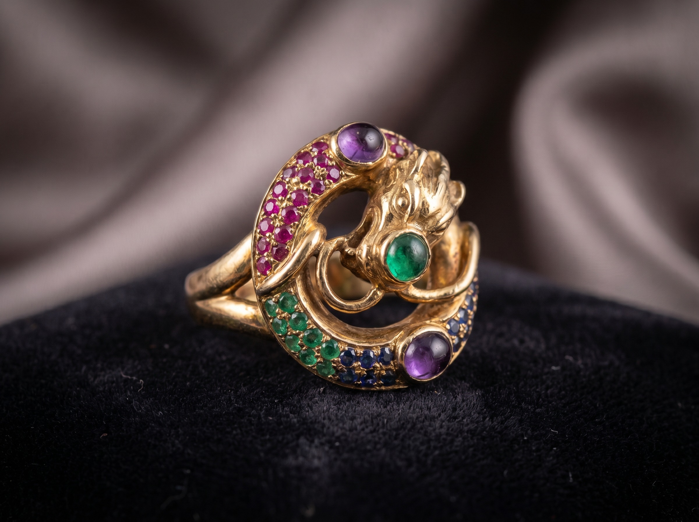Donald Claflin bold gold figural ring with vibrant coloured gemstones for Tiffany