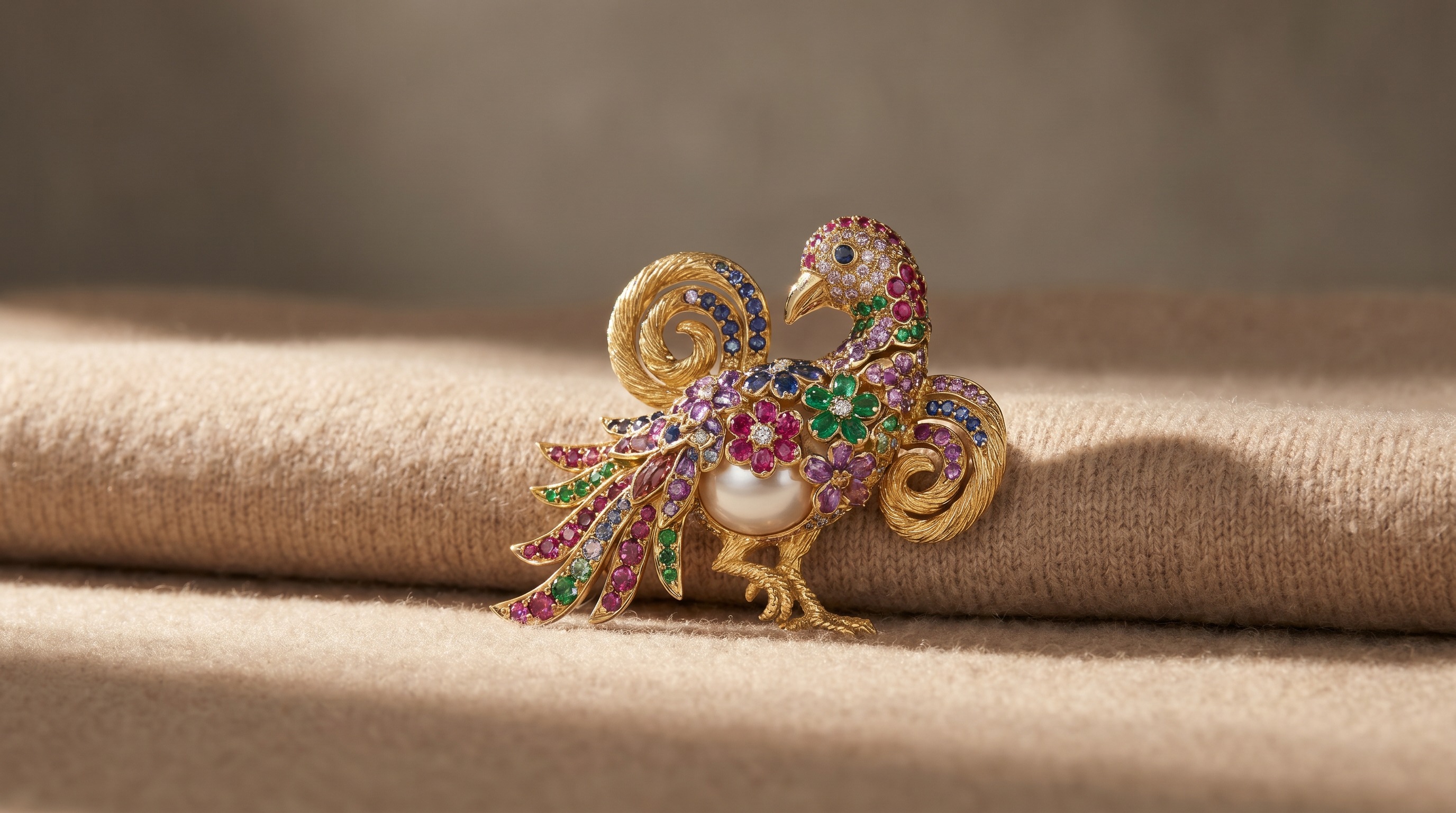 Tiffany Donald Claflin figural animal brooch encrusted with colourful gemstones in gold