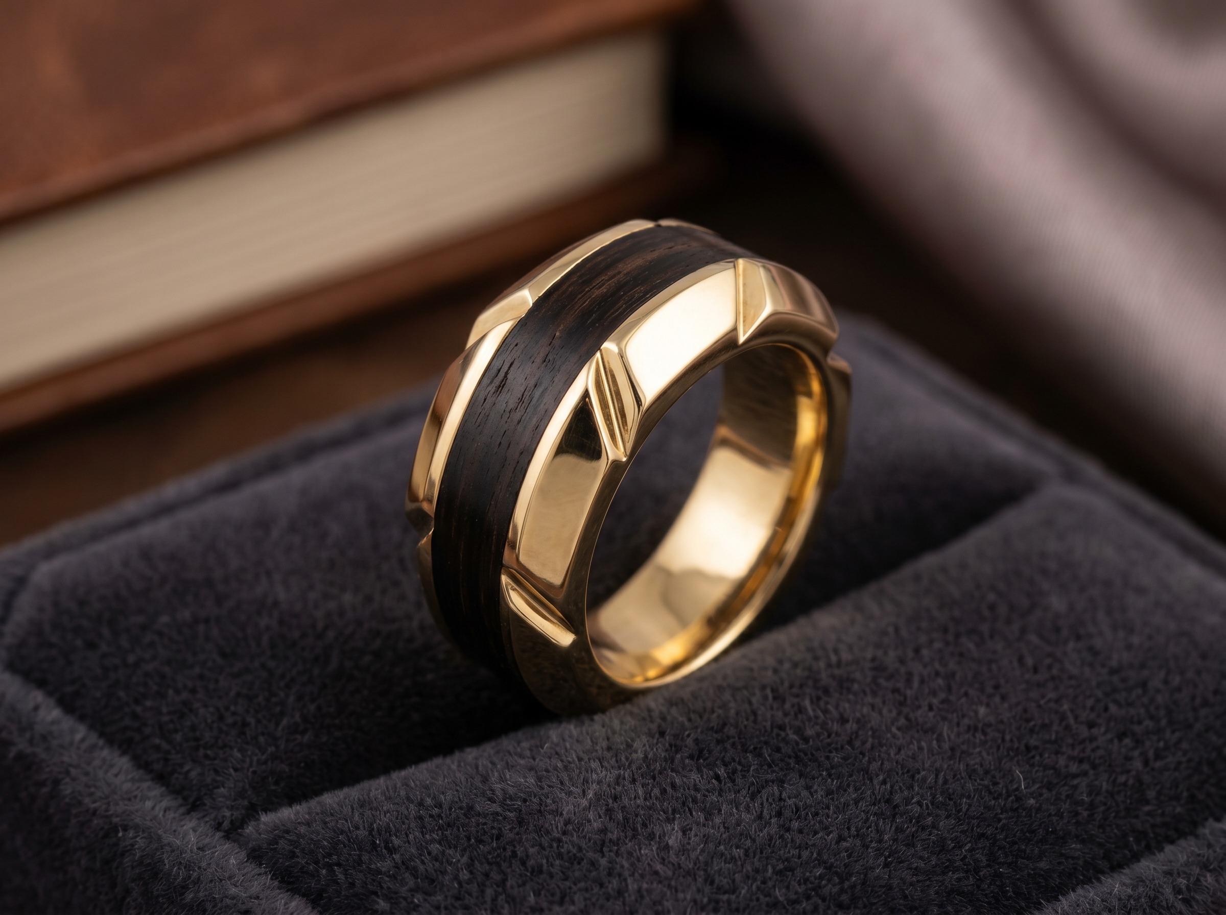 Frank Gehry for Tiffany ring combining polished gold with inlaid exotic wood