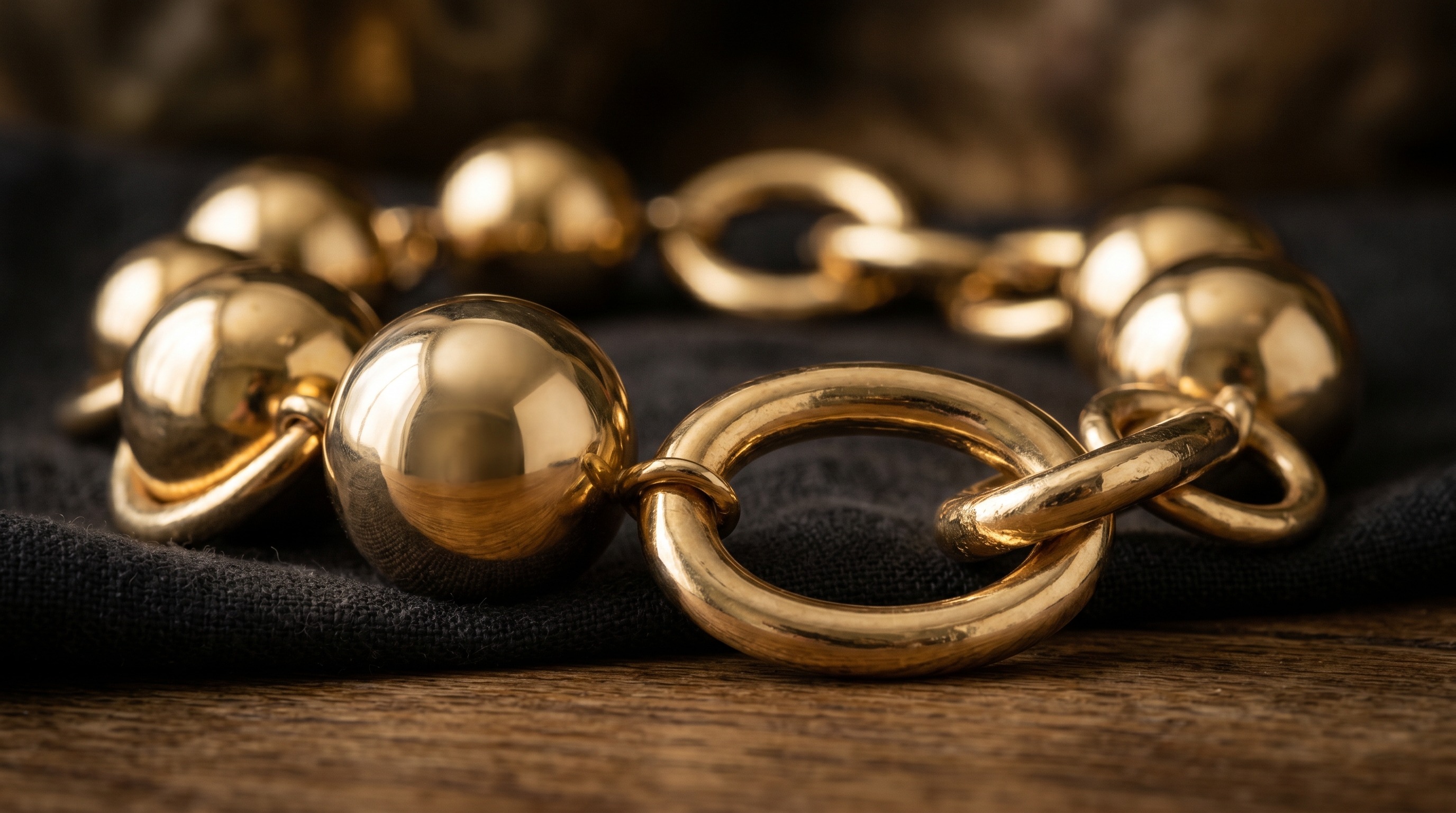 Close-up of large gold ball beads and gauge links on a Tiffany HardWear chain