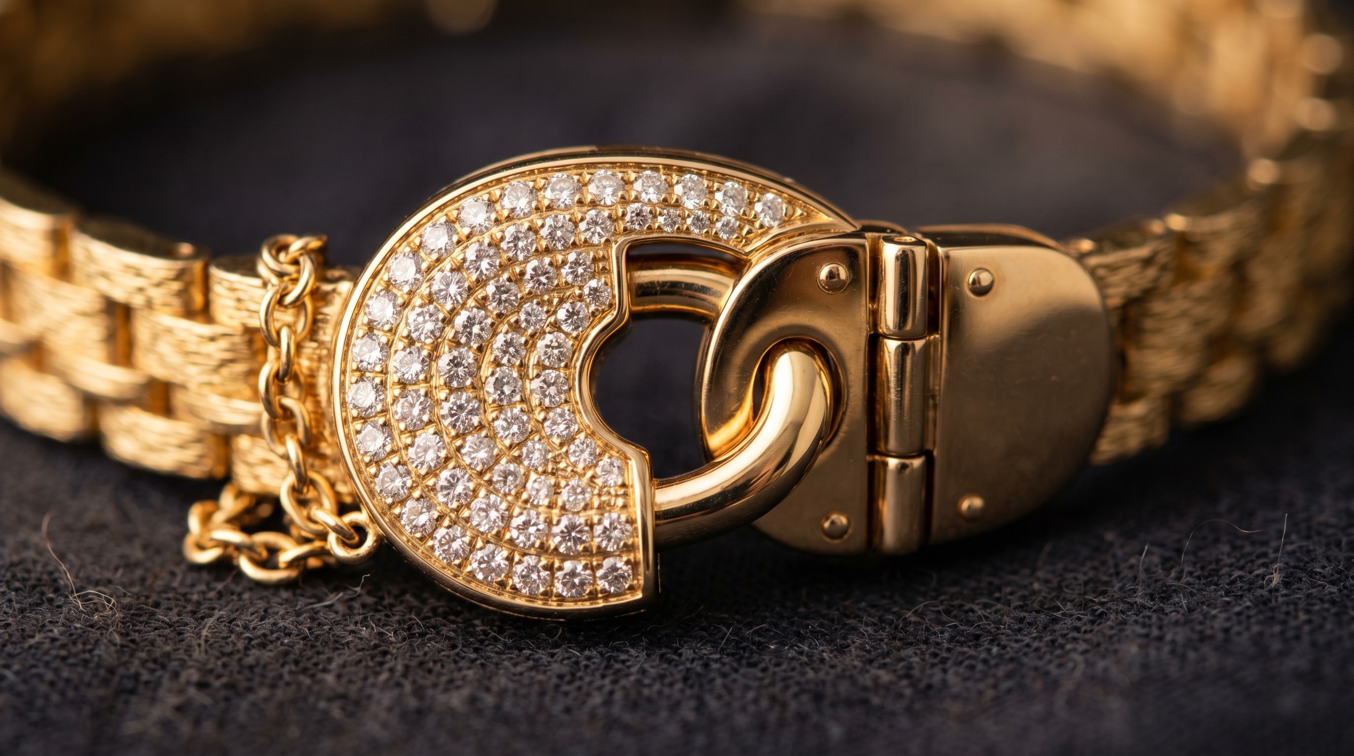 Close-up of a Tiffany Lock oval gold padlock clasp with diamonds