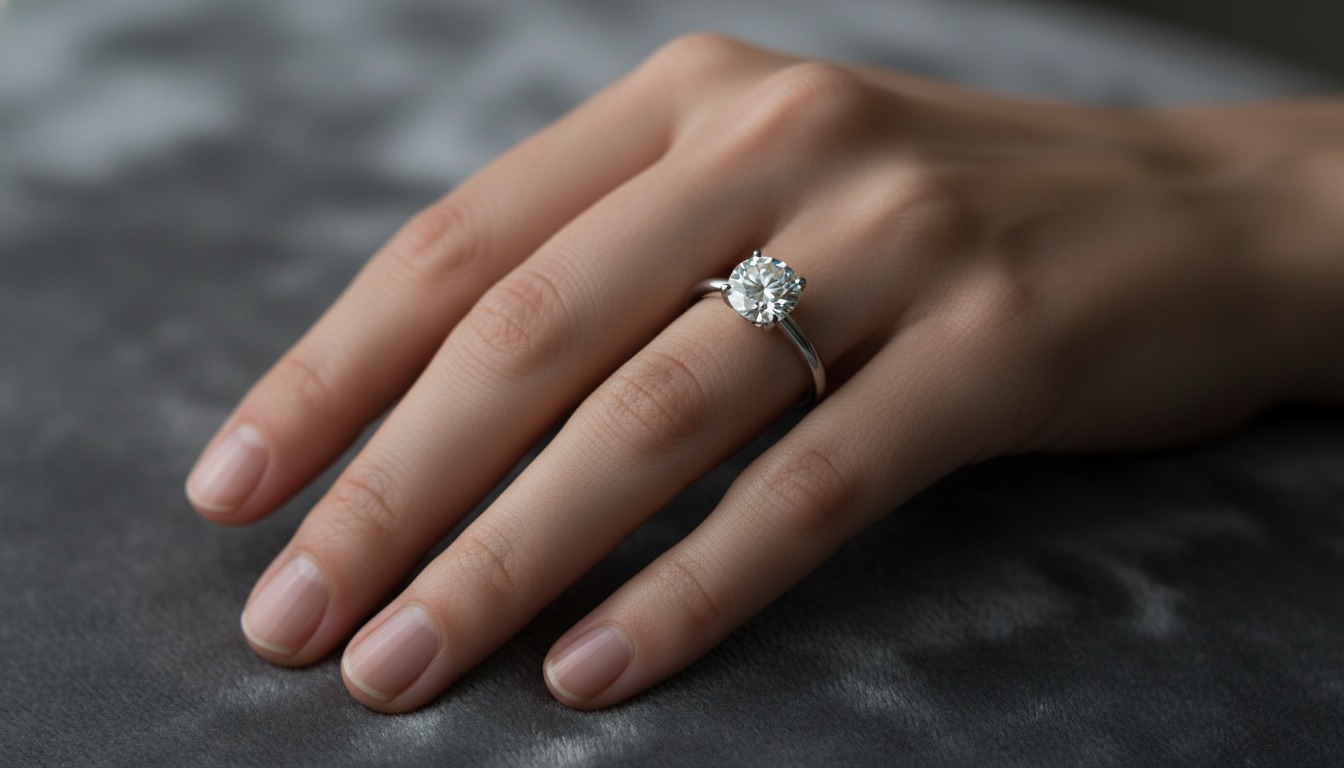 A platinum Tiffany Setting solitaire worn on the hand