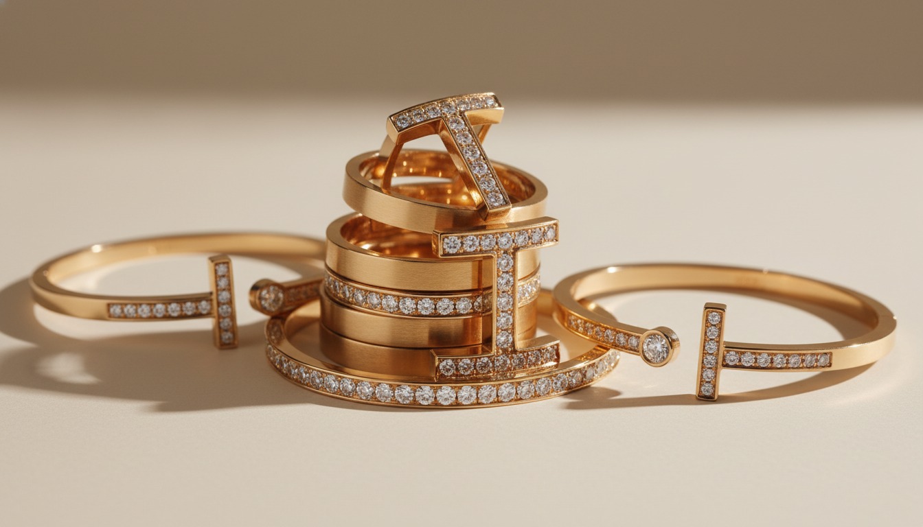 A stack of gold and diamond Tiffany T-motif rings and bracelets