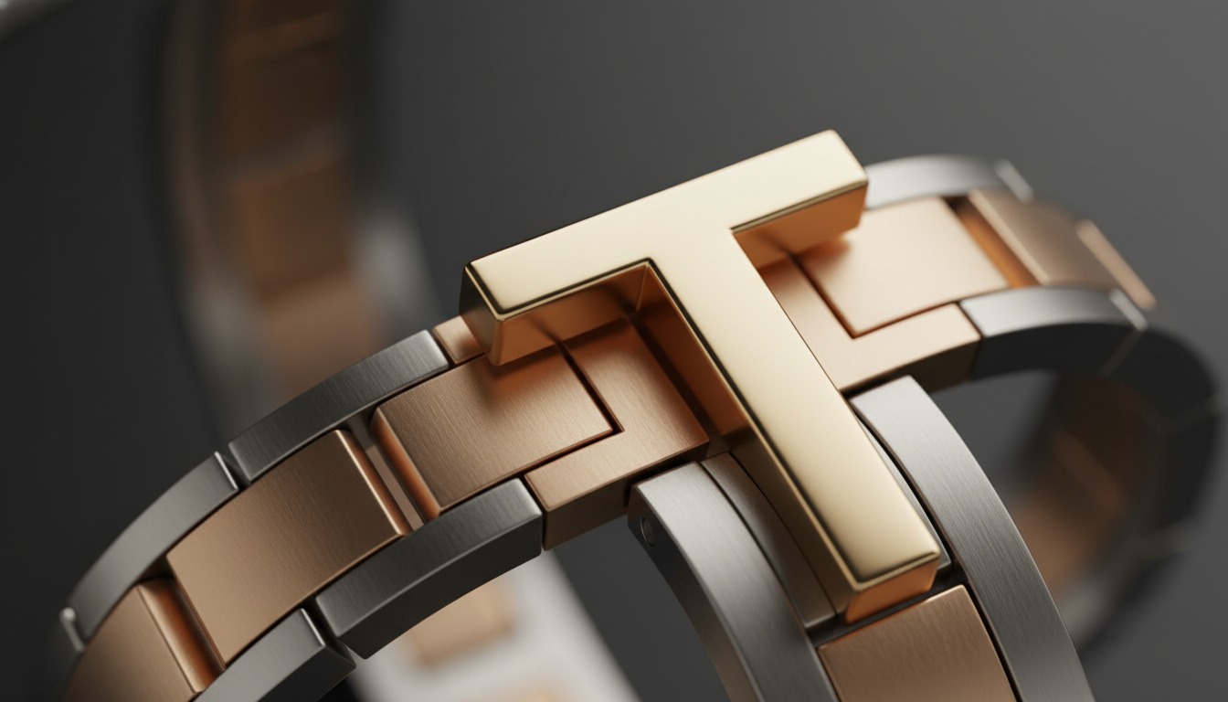 Close-up of a polished gold Tiffany T motif