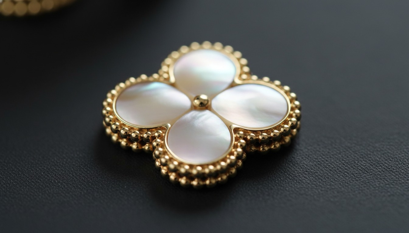 Close-up of a single Van Cleef Alhambra clover motif with beaded gold edge