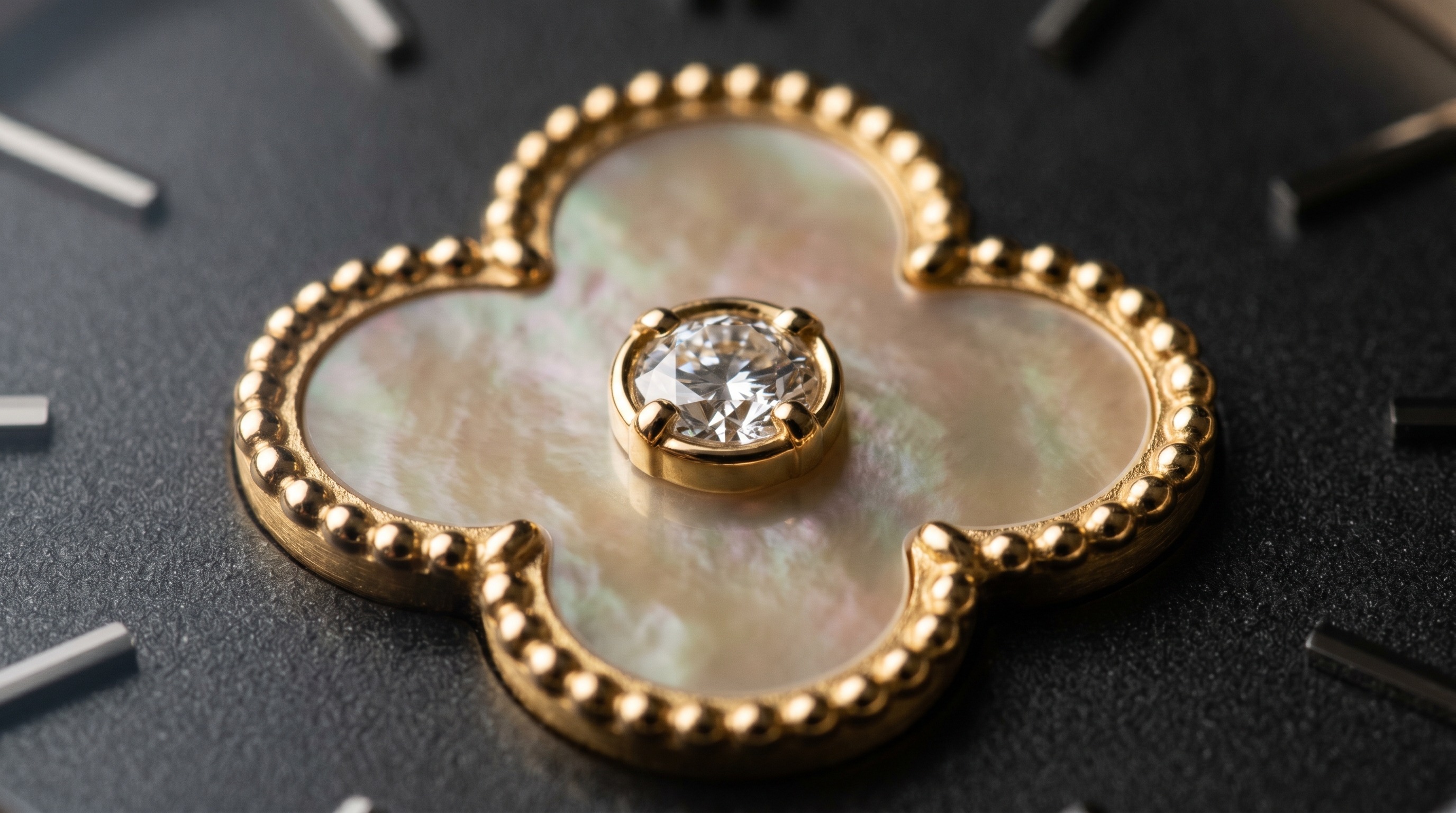 Close-up of a Van Cleef gold clover motif with mother-of-pearl and diamond