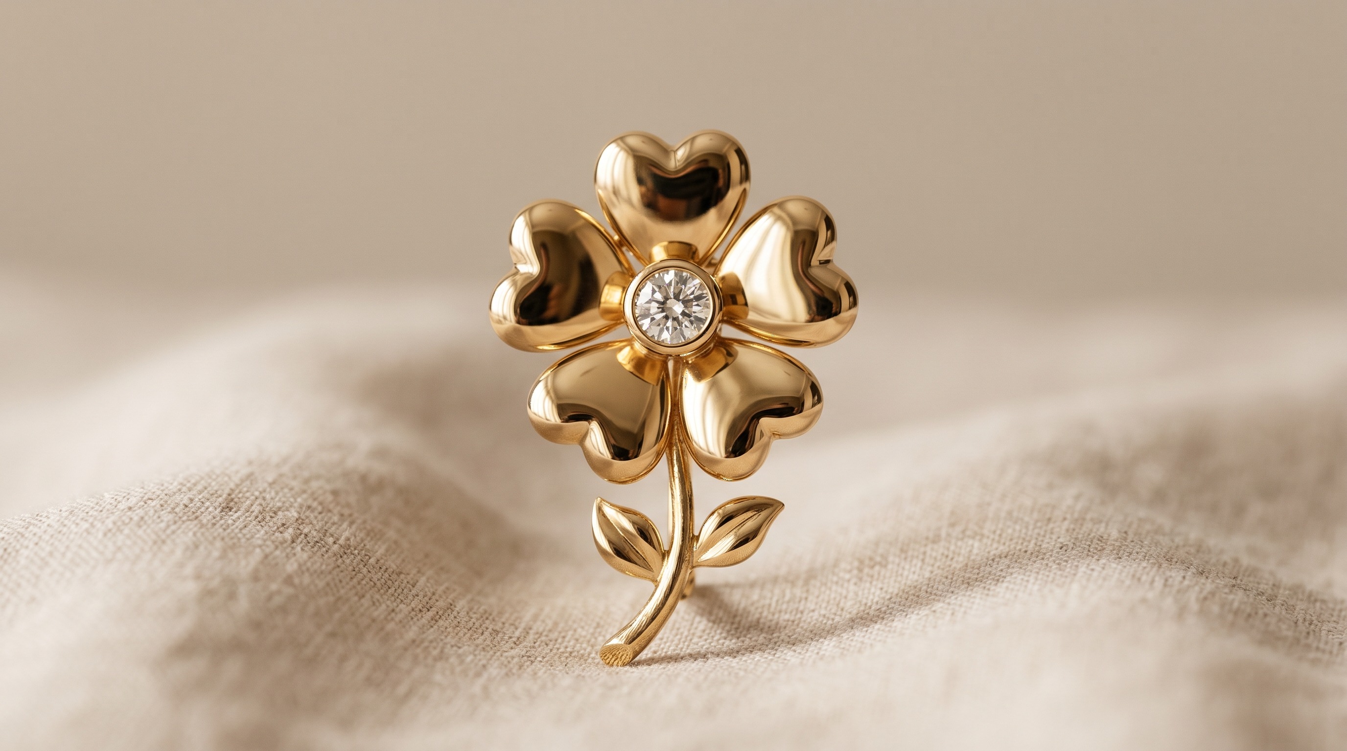 Van Cleef Frivole mirror-polished gold flower brooch with diamond — Mozeris Fine Antiques
