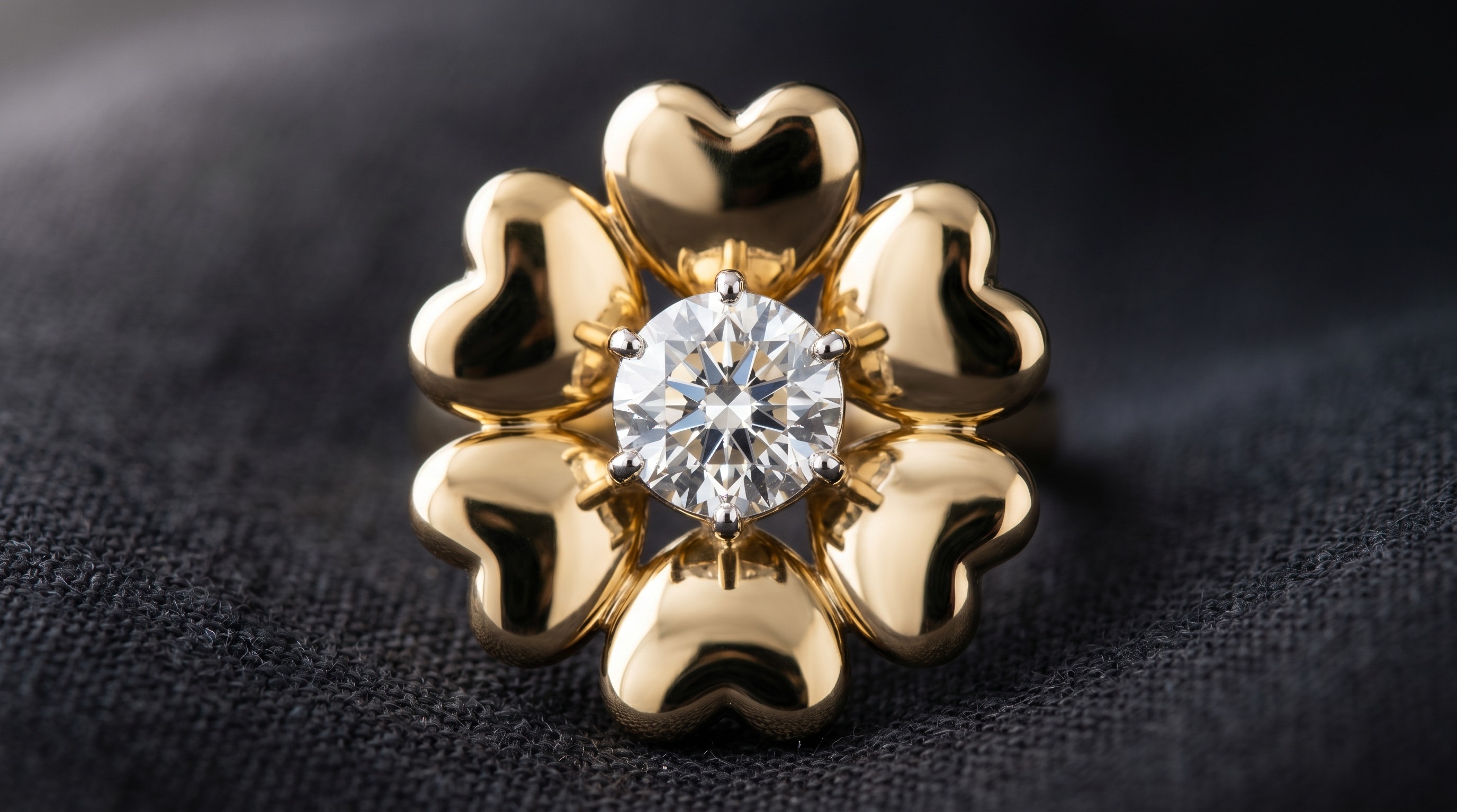 Close-up of mirror-polished heart-shaped gold petals with a diamond centre