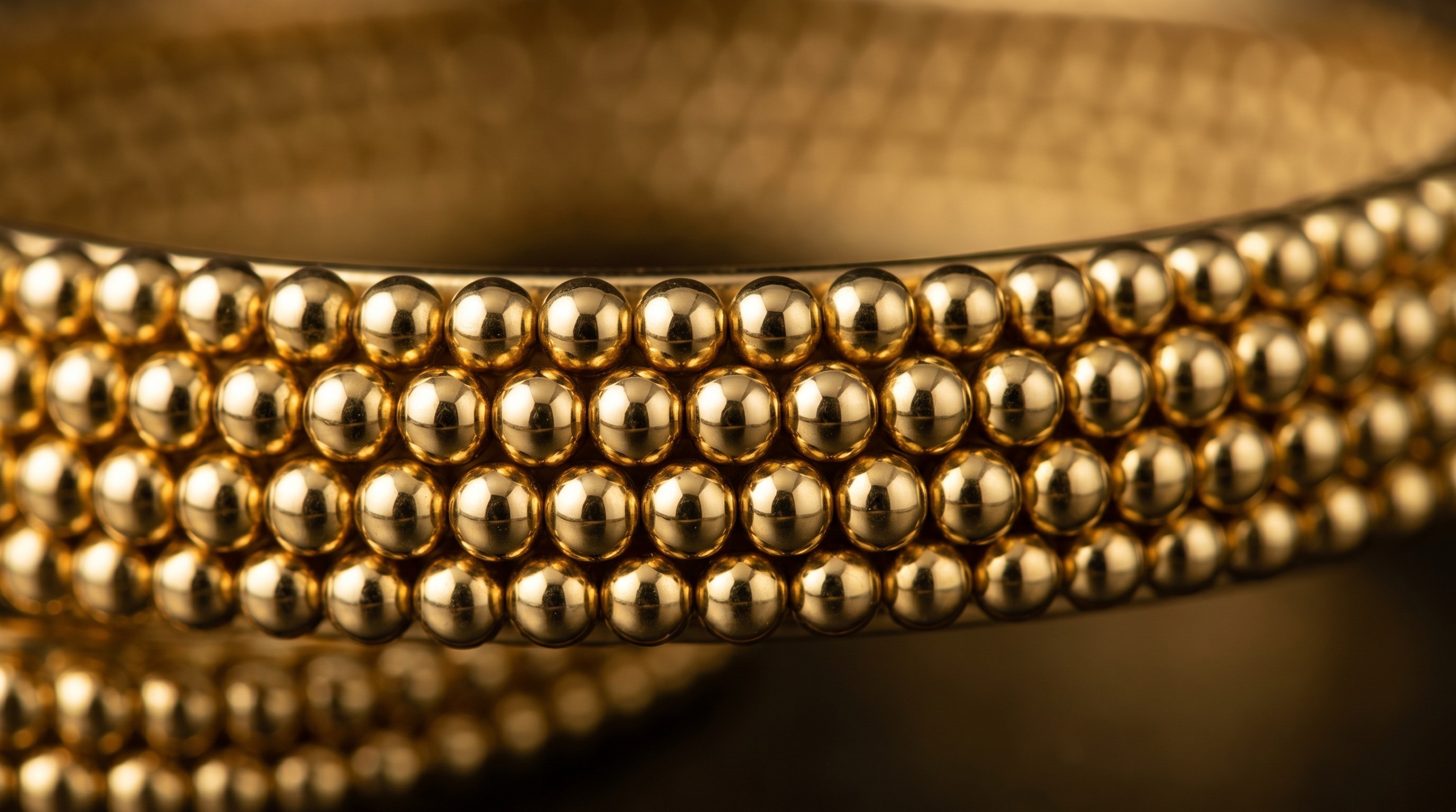 Close-up of rows of small gold beads on a Van Cleef Perlée bangle