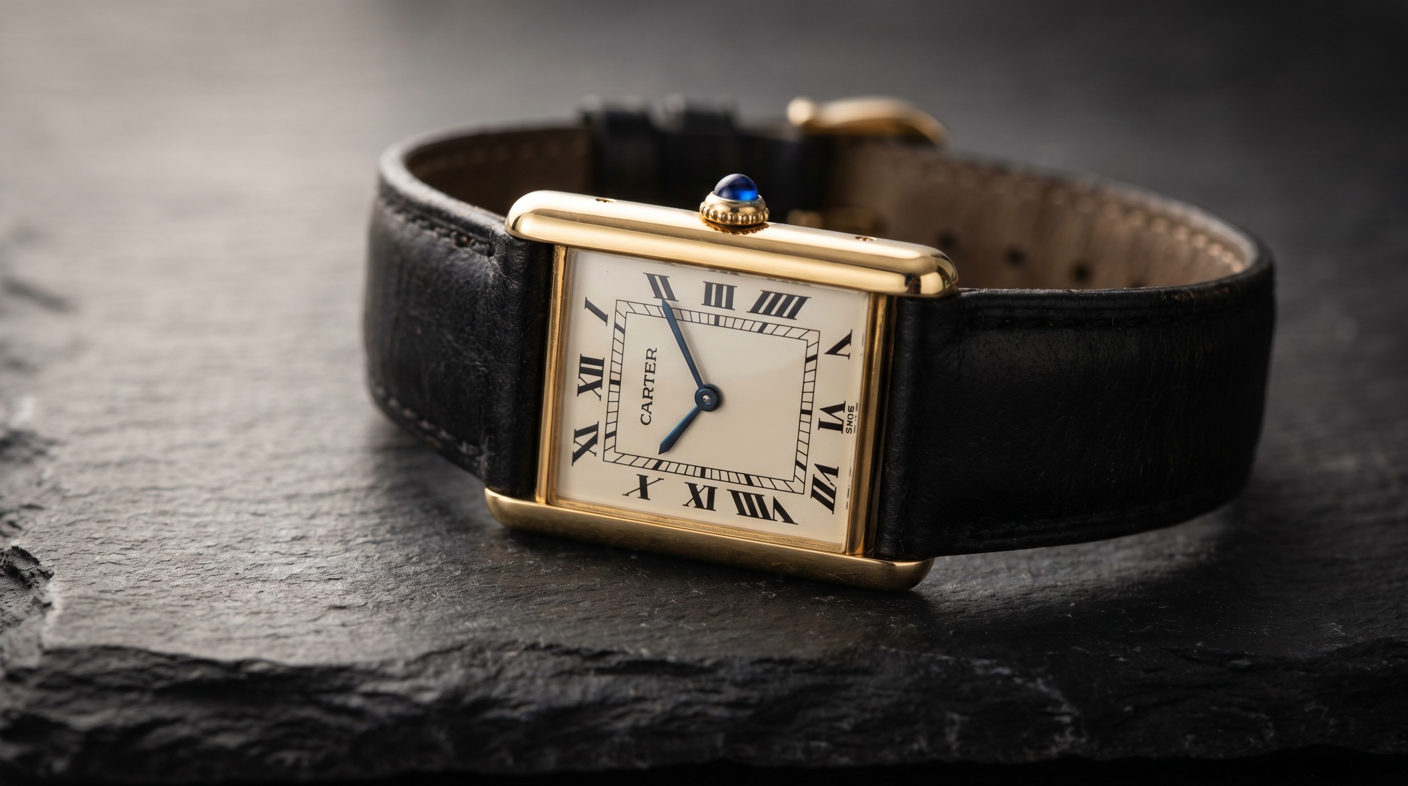Vintage 18ct gold Cartier Tank-style watch with Roman numerals and blue cabochon crown — Mozeris Fine Antiques