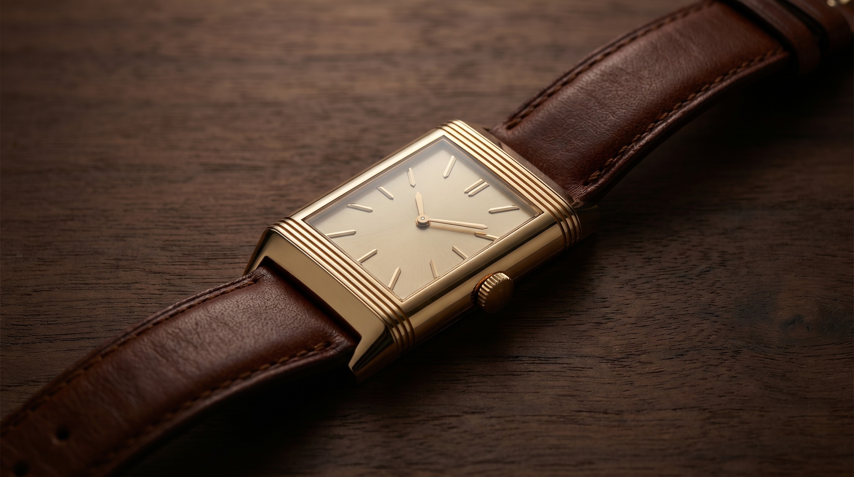 Elegant mid-century gold reversible dress watch on polished wood — Mozeris Fine Antiques