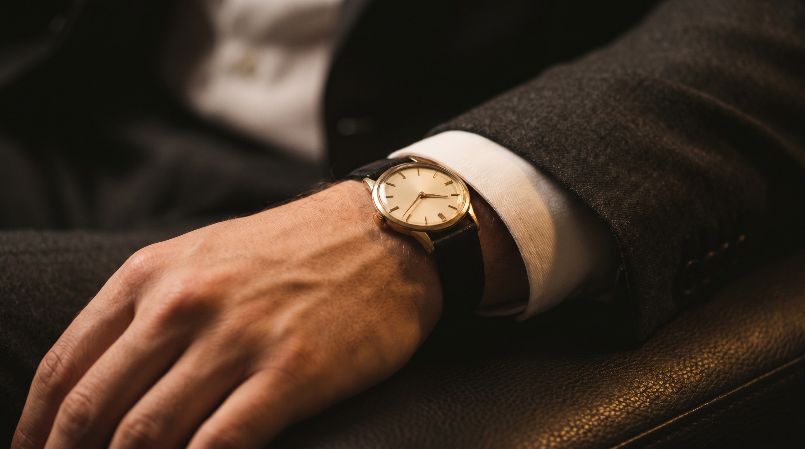 Slim vintage gold dress watch worn on the wrist with a tailored charcoal suit