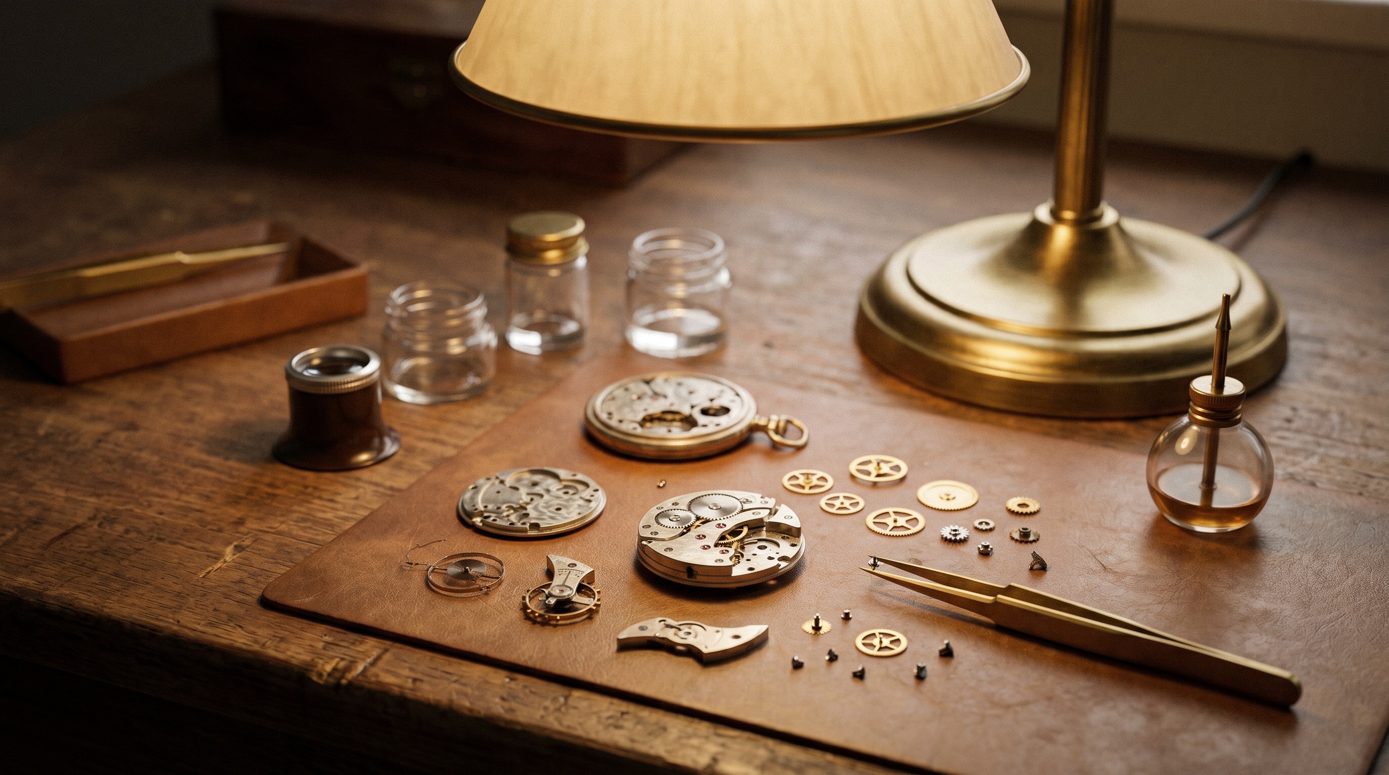 Vintage mechanical watch movement on a watchmaker's bench under warm light