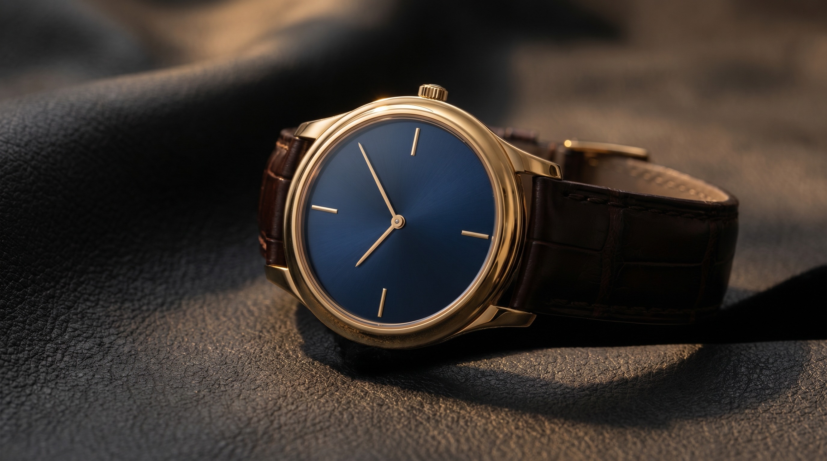 Slim gold Golden Ellipse dress watch with deep blue dial and gold baton markers