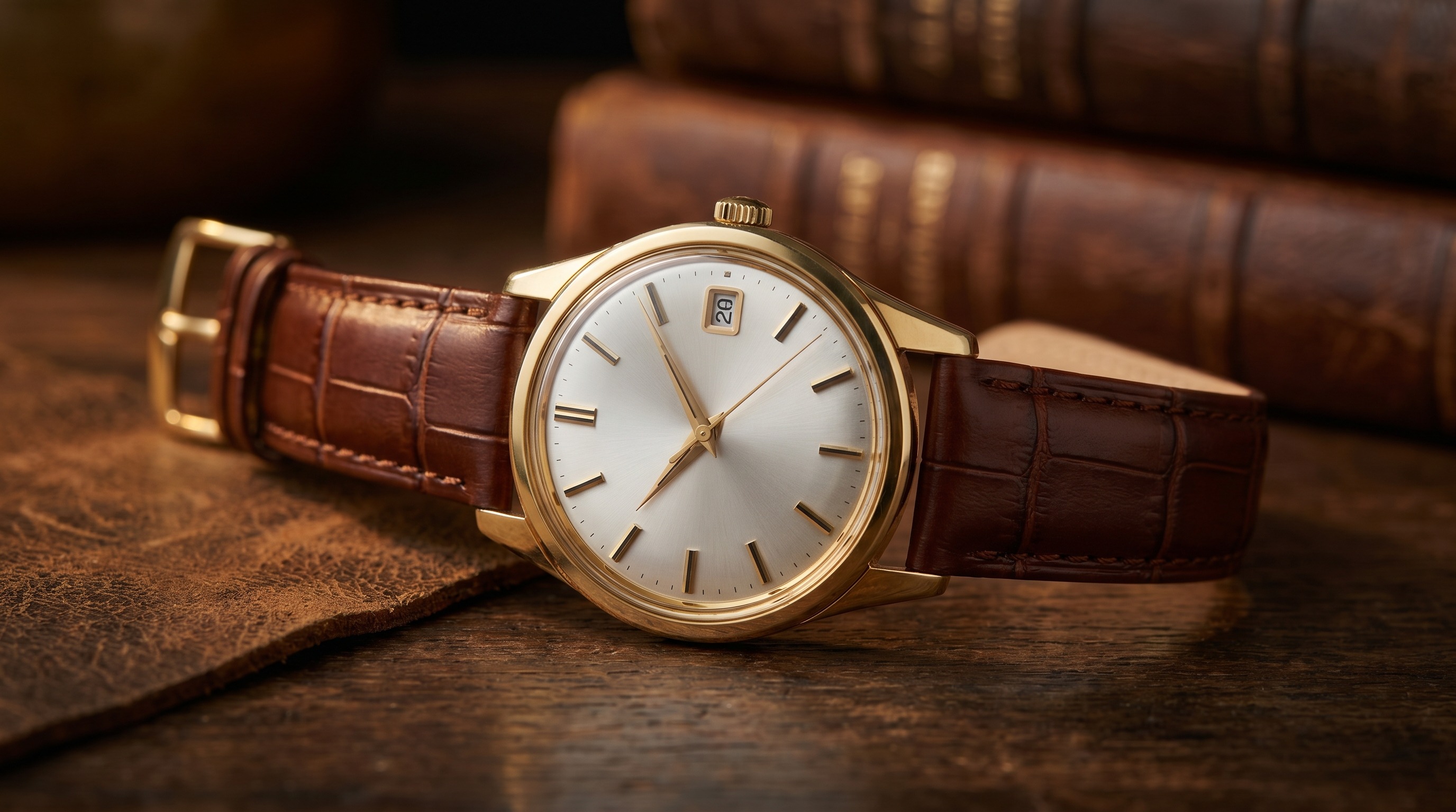 Vintage gold automatic dress wristwatch with smooth bezel, silver sunburst dial and date window on a leather strap