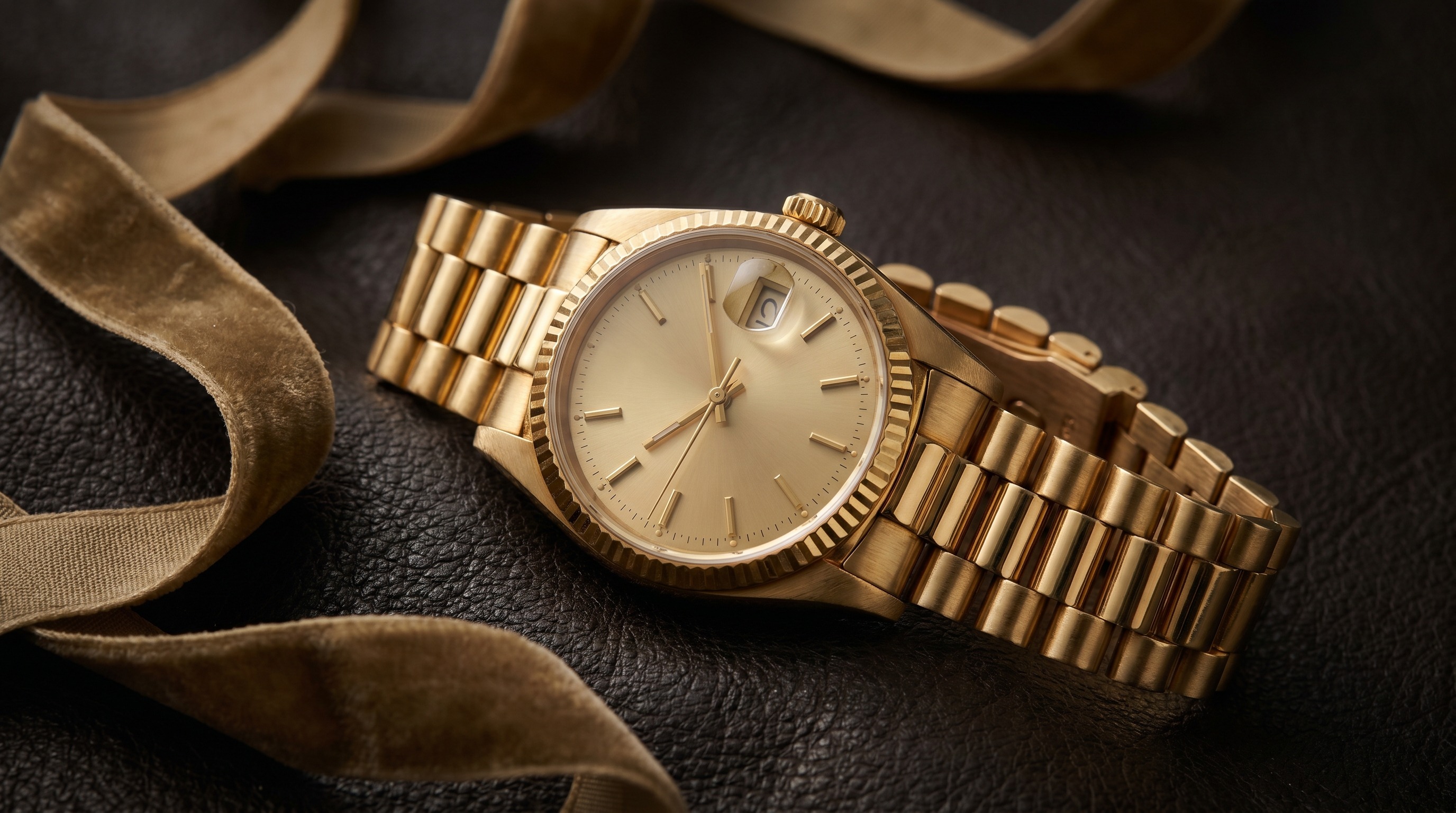 Vintage 18ct yellow gold luxury wristwatch with fluted bezel and president-style bracelet