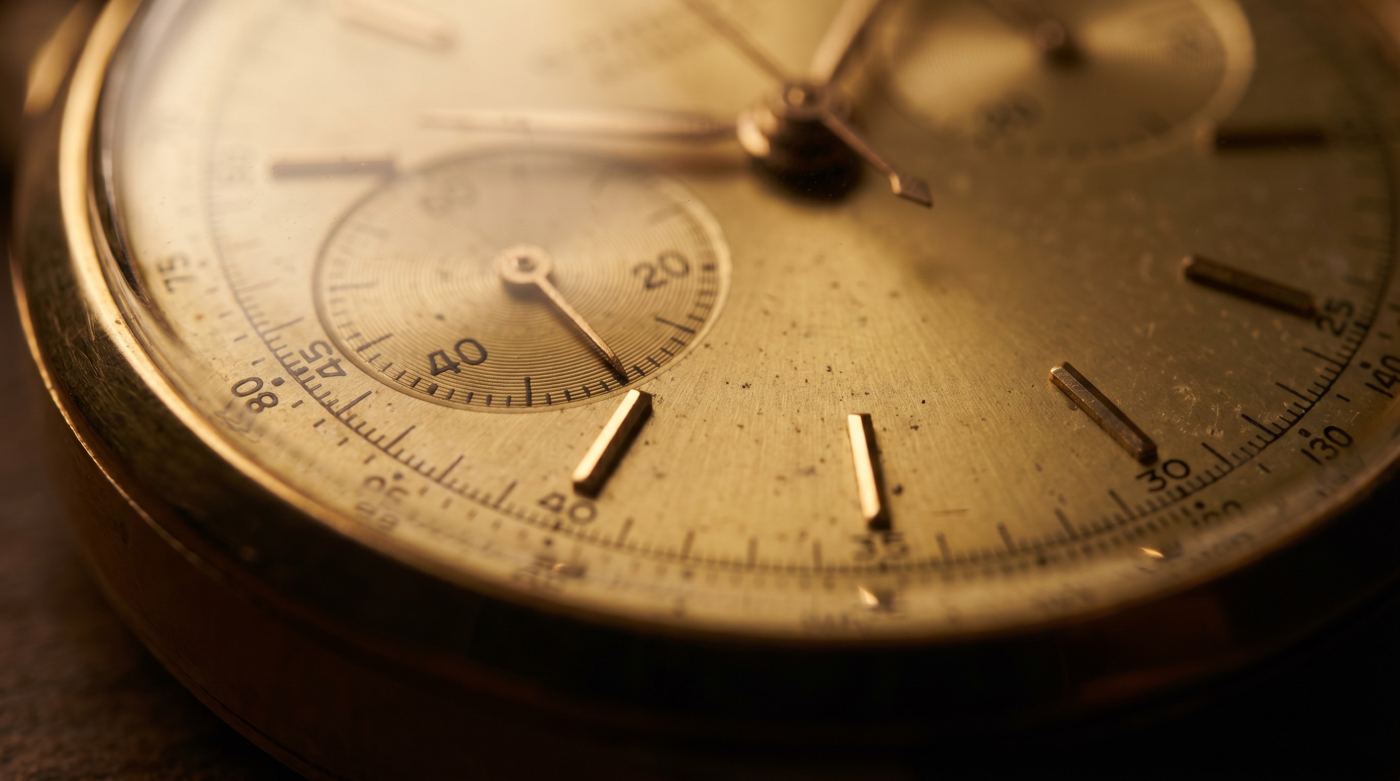 Macro of a vintage gold chronograph dial with twin registers and gold markers