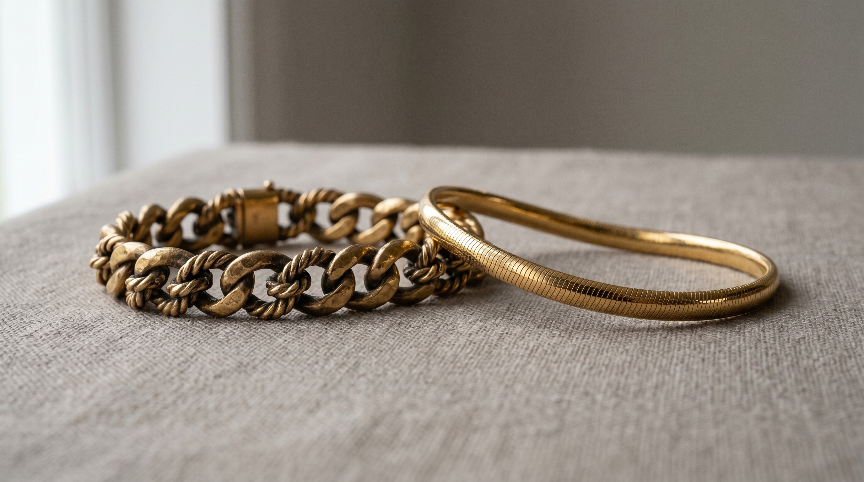 Vintage textured gold bracelet beside a sleek modern gold bracelet — Mozeris Fine Antiques