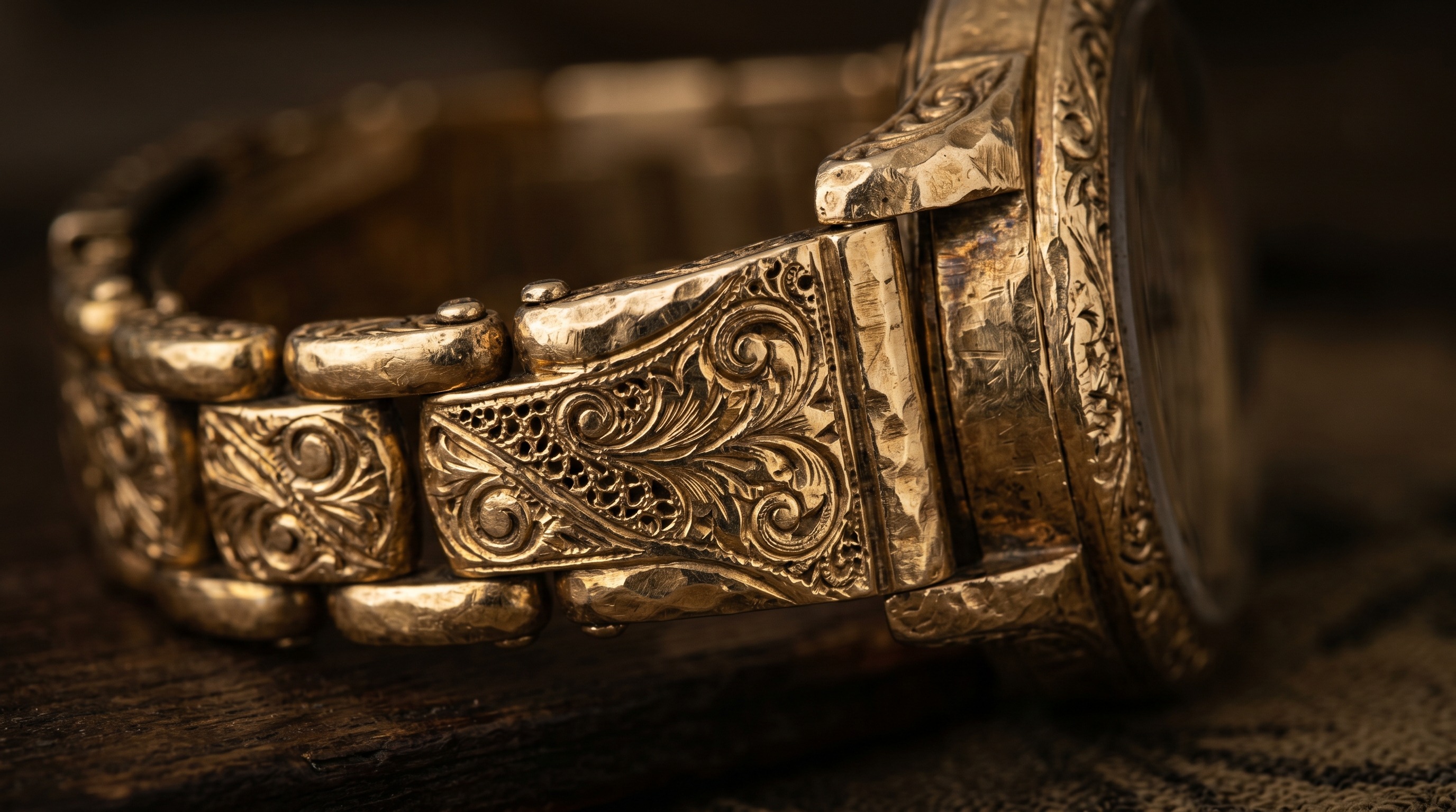 Close-up of richly textured hand-worked vintage gold