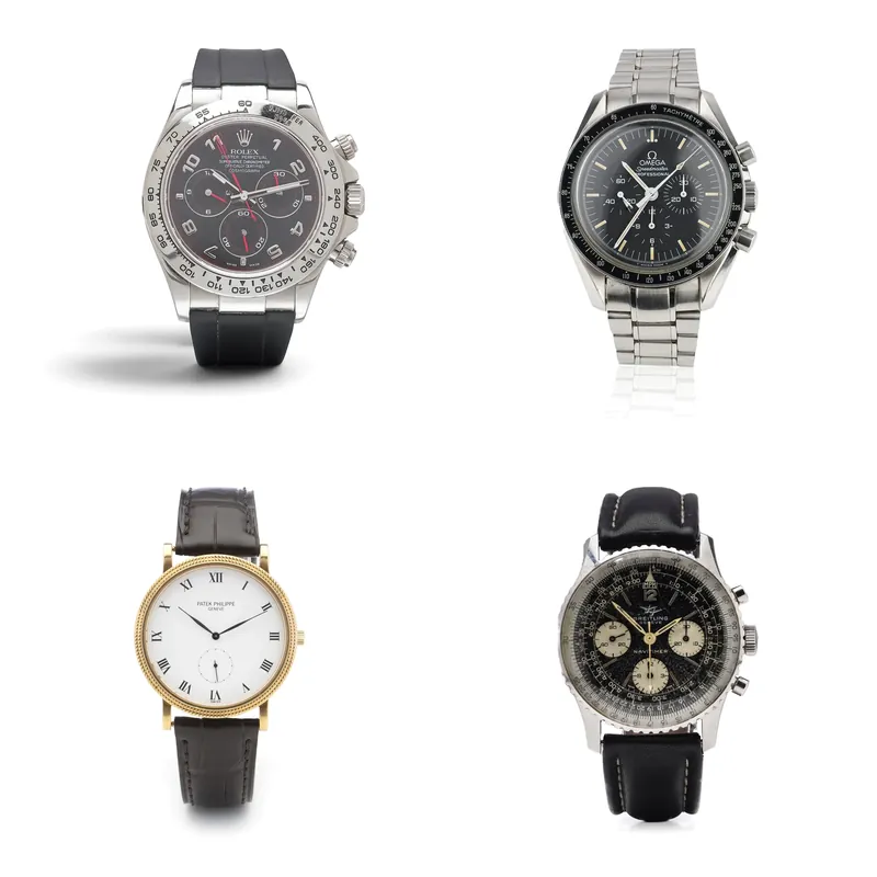 Rolex Daytona, Omega Speedmaster, Patek Philippe Calatrava and Breitling Navitimer watches photographed by Mozeris Fine Antiques
