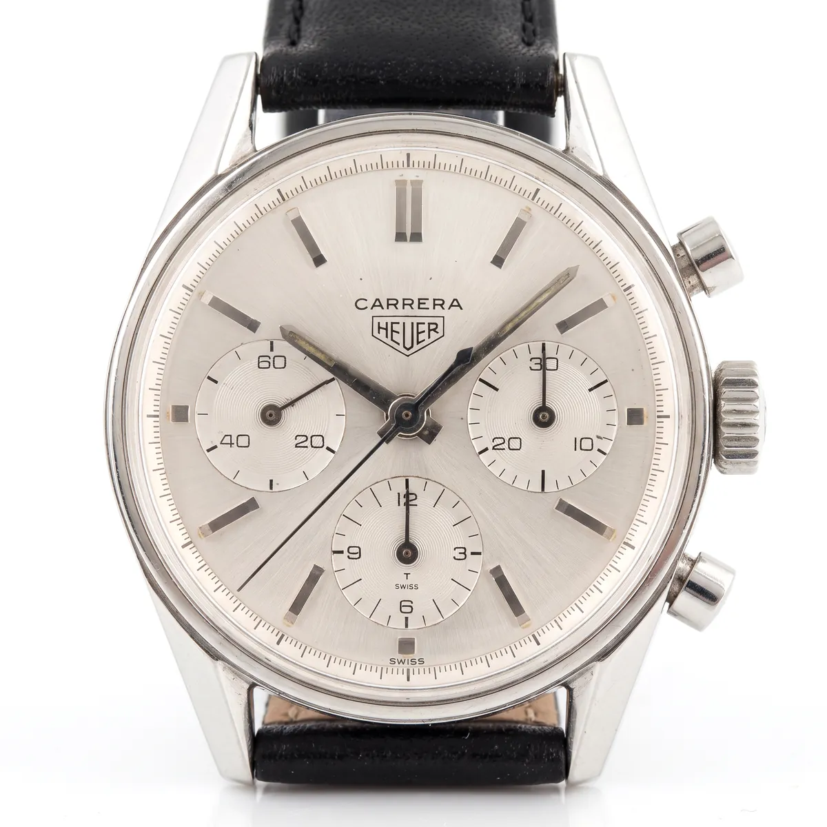 Illustration of a vintage Heuer Carrera chronograph from 1964 with silver dial