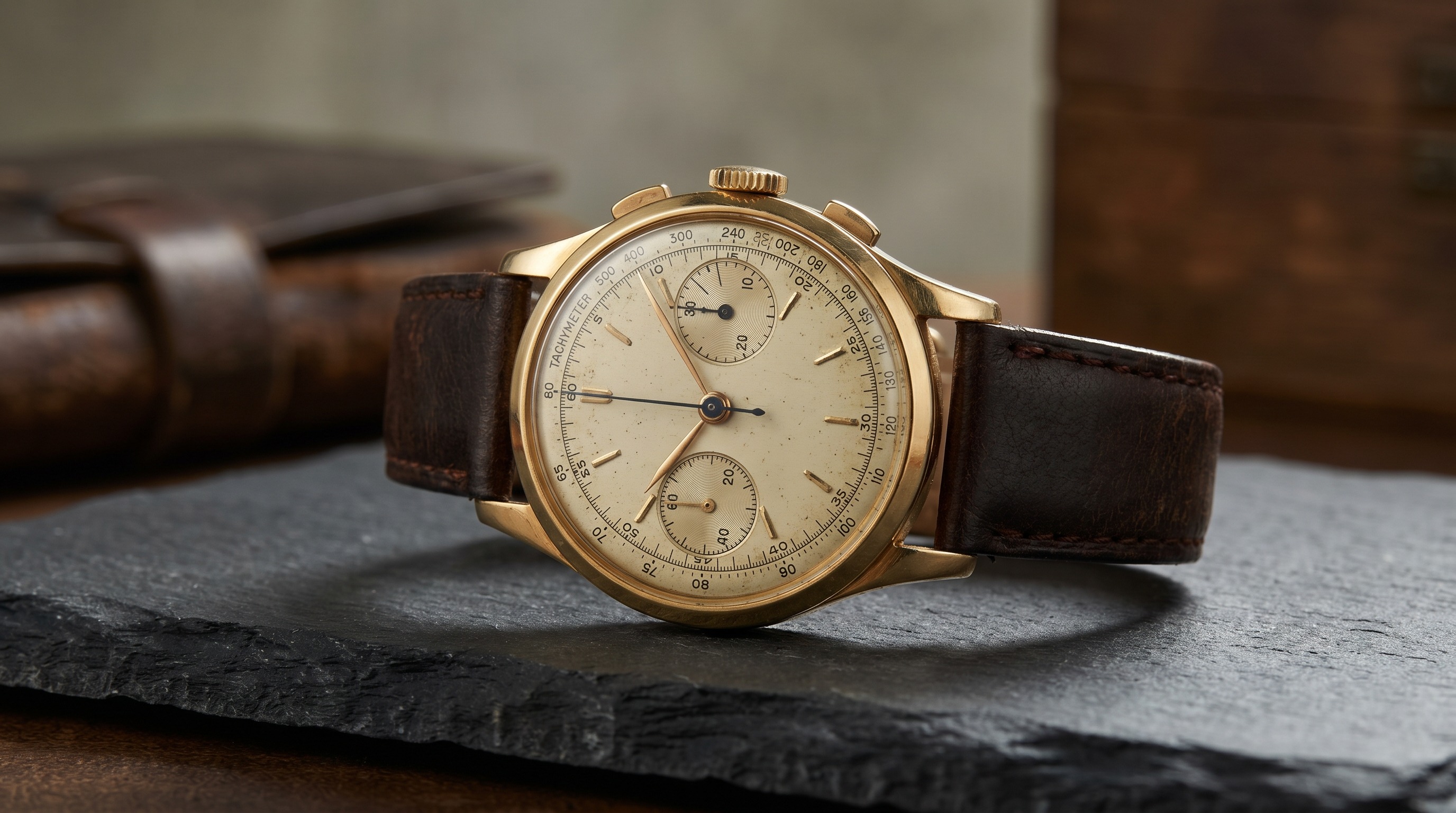 Vintage 18ct gold multi-register chronograph with cream dial and tachymeter scale