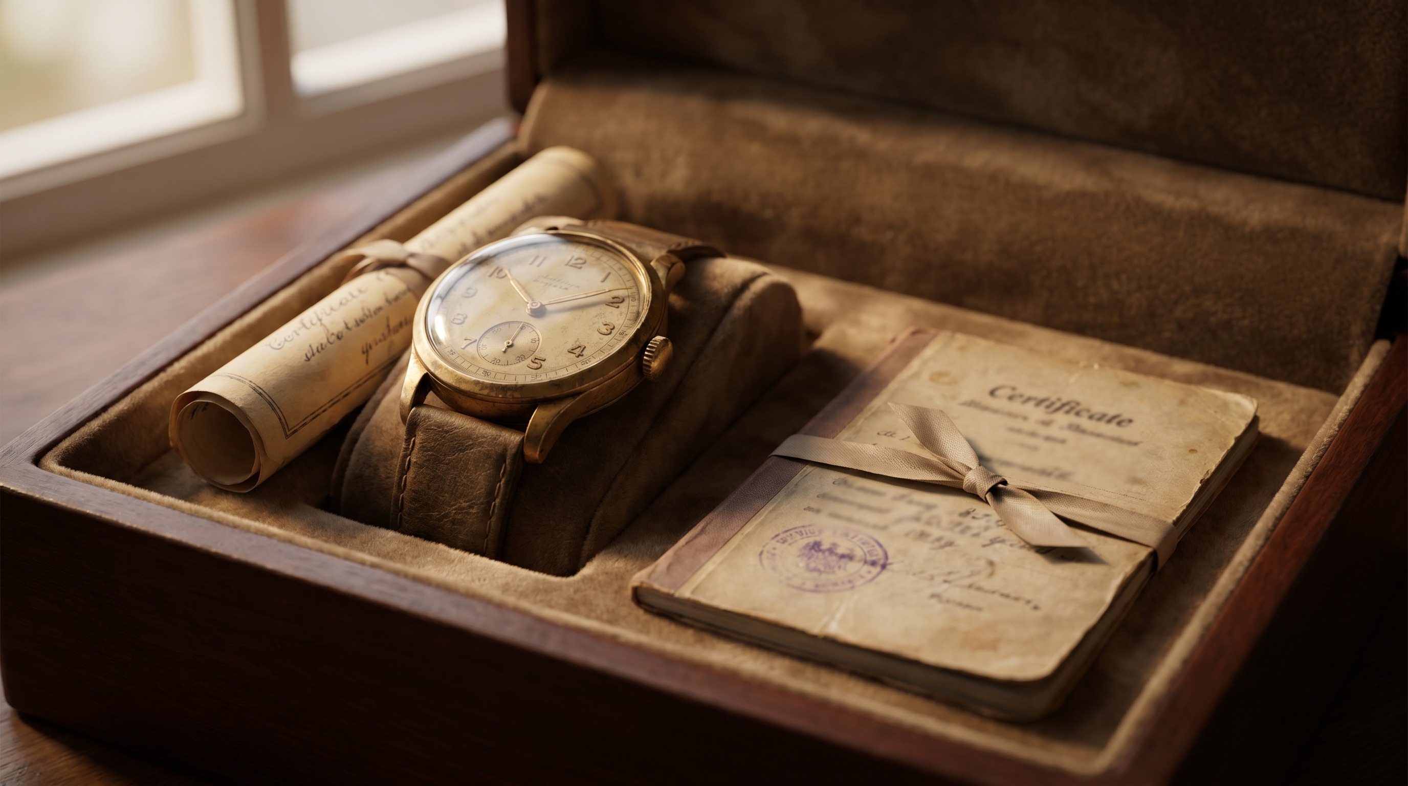Vintage gold watch displayed with its original fitted box and papers — a full set