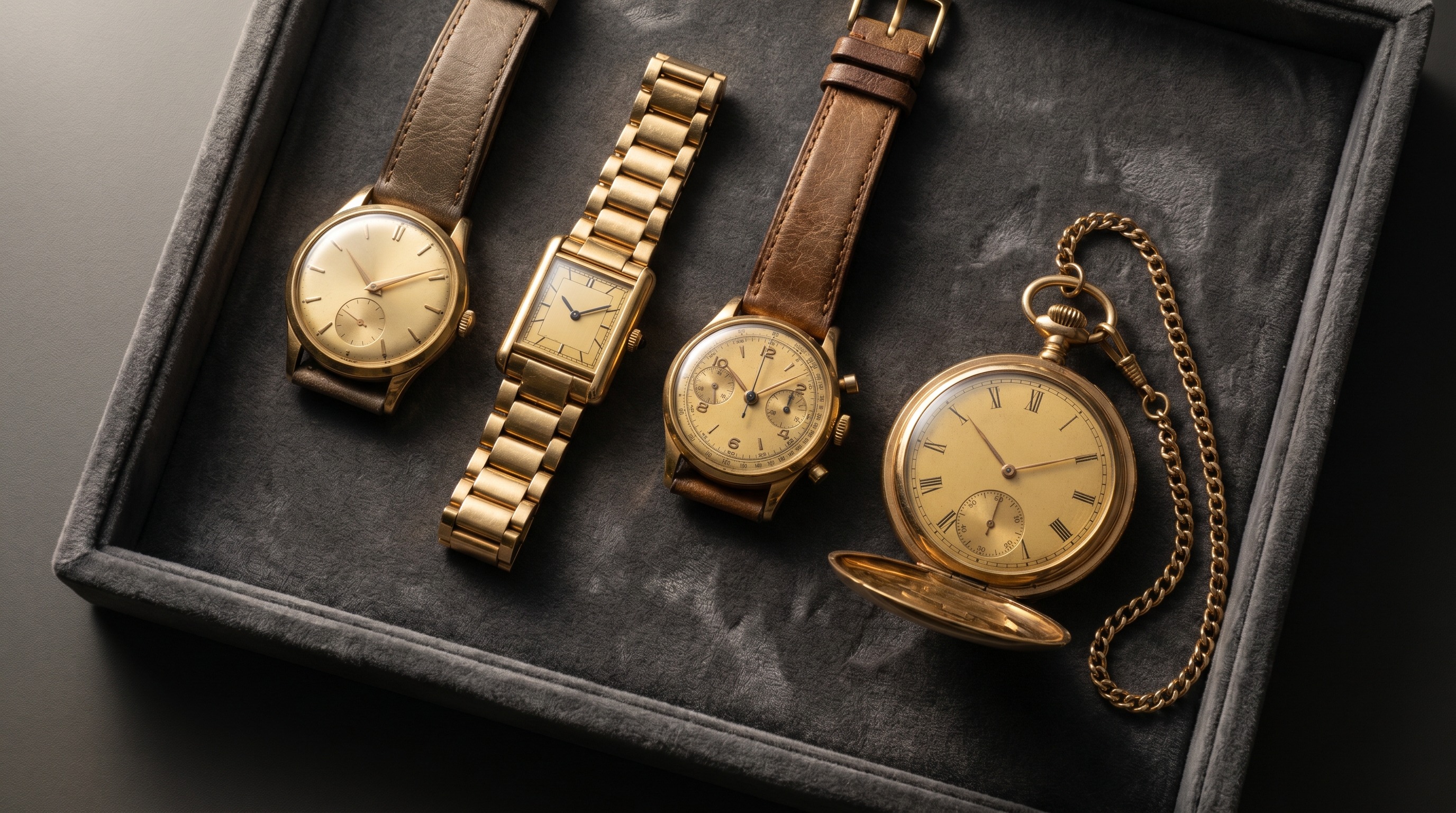 Collection of vintage gold watches on a dark velvet auction tray — Mozeris Fine Antiques
