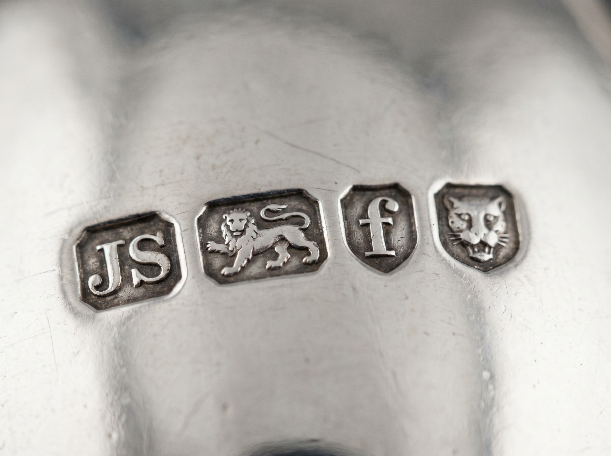 British silver hallmarks on antique sterling silver including maker's initials, lion passant and date letter