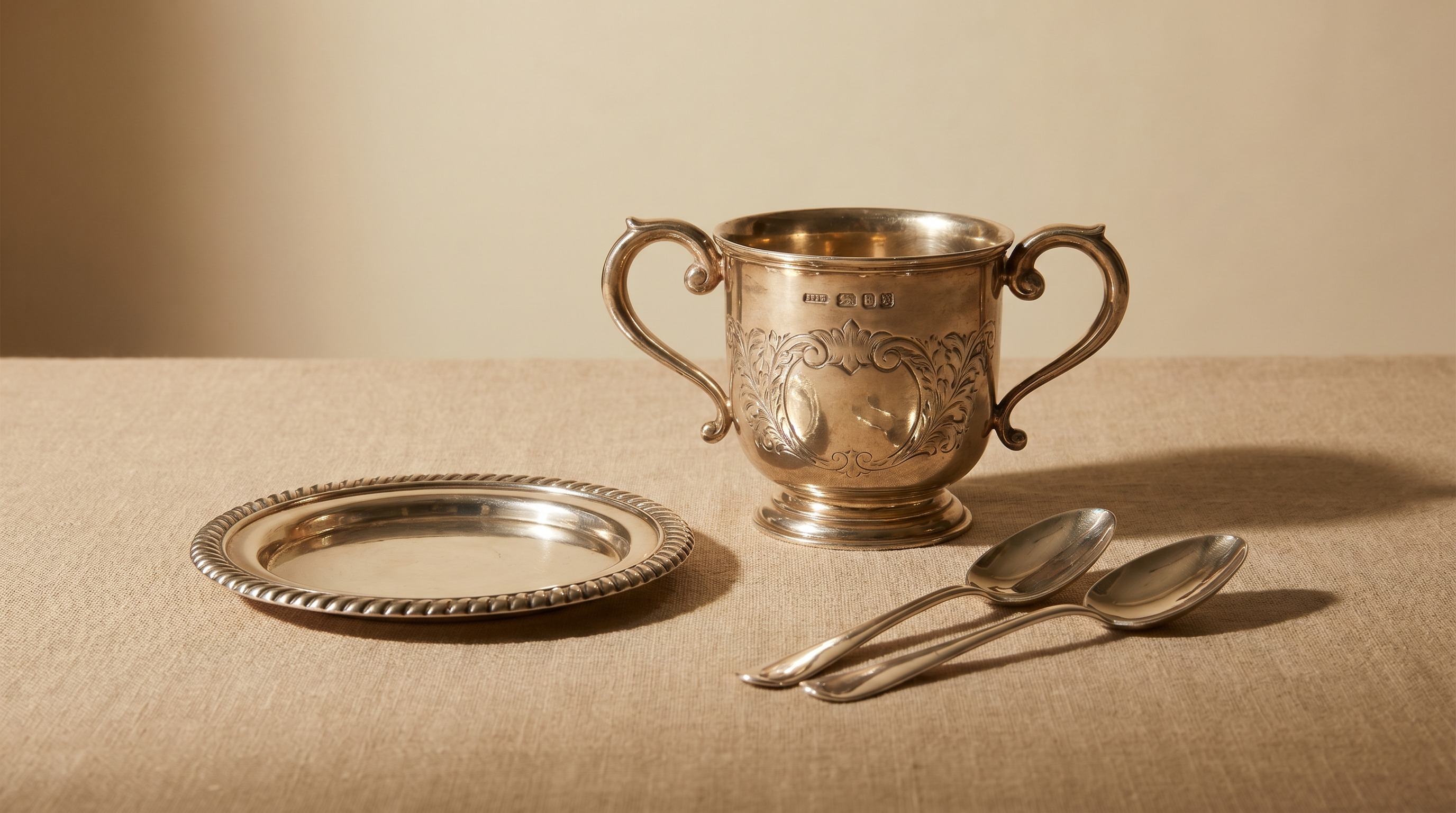 Antique York-assayed sterling silver two-handled cup, salver and teaspoons — York Assay Office guide by Mozeris Fine Antiques